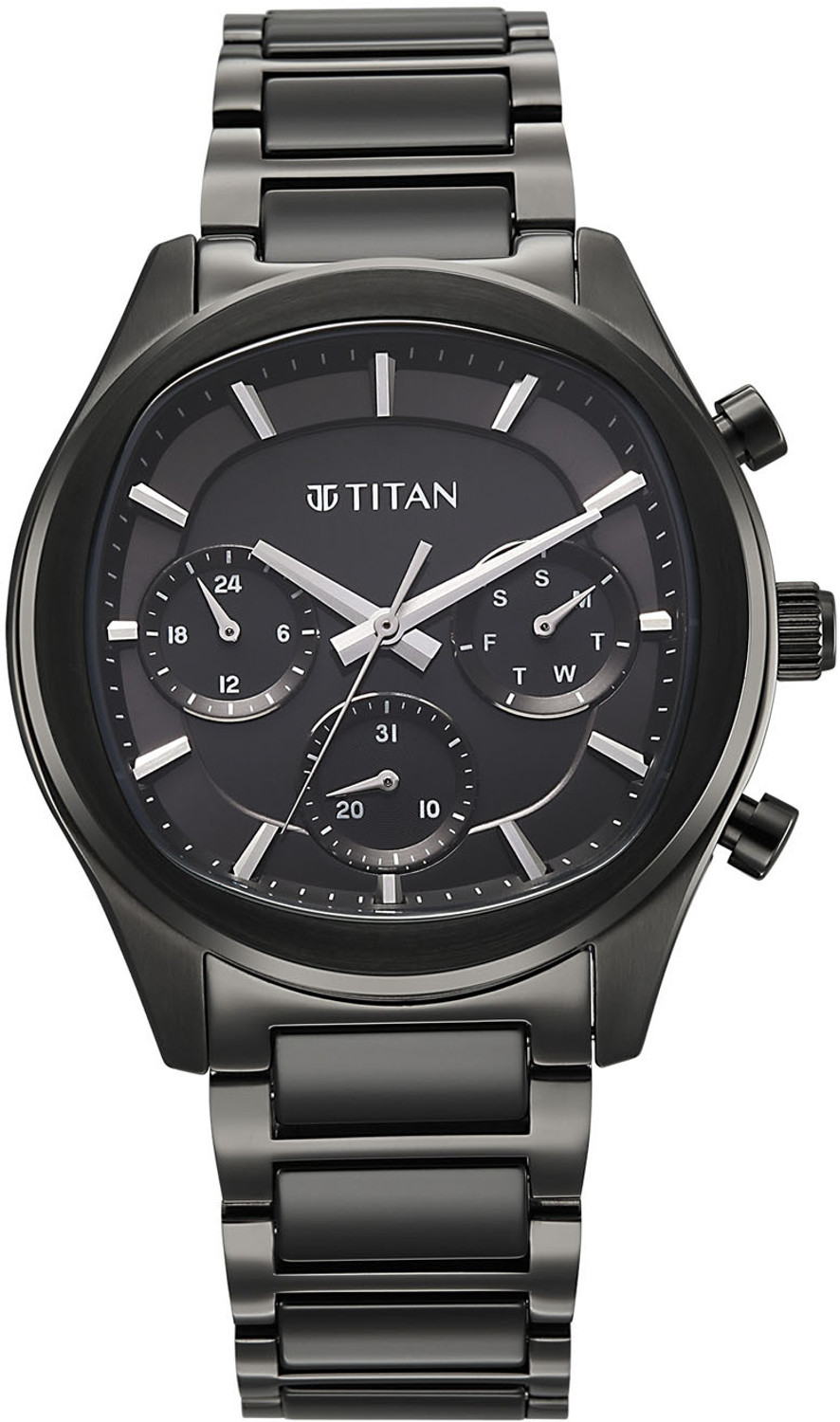 Image of Titan CERAMIC FUSION 3.0 Ceramic Fusion 3.0 Black Dial Black Solid Link Stainless Steel Strap Analog Watch - For Men