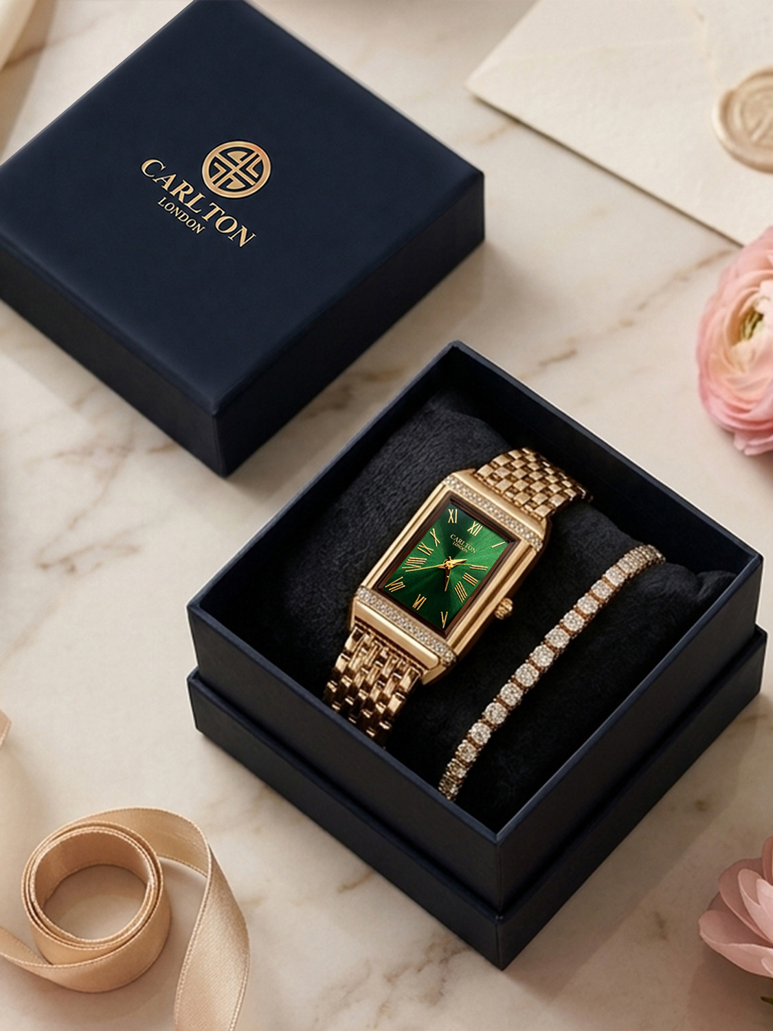 Image of CARLTON LONDON Carlton London Gift Set Women - Amara CL-AM-GRN Tennis Bracelet CLPLG127 Amara Watch Giftset Analog Watch - For Women