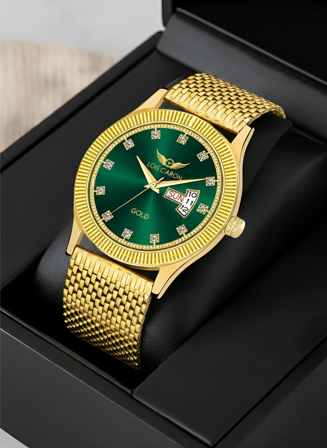 Image of LOIS CARON LCS-8650 Day & Date Original Gold-Plated Green Dial Stylish Diamond hour markers Analog Watch - For Men