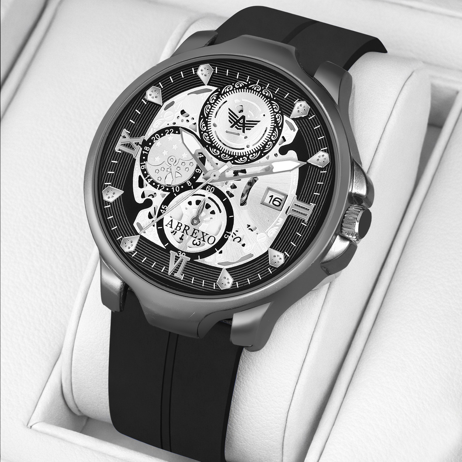 Image of ABREXO Ab8341-BK ARB MGT ST Chronograph Look Gun Metal Date Working Black Arabic Magnet Strap Watch For Boys Analog Watch - For Men