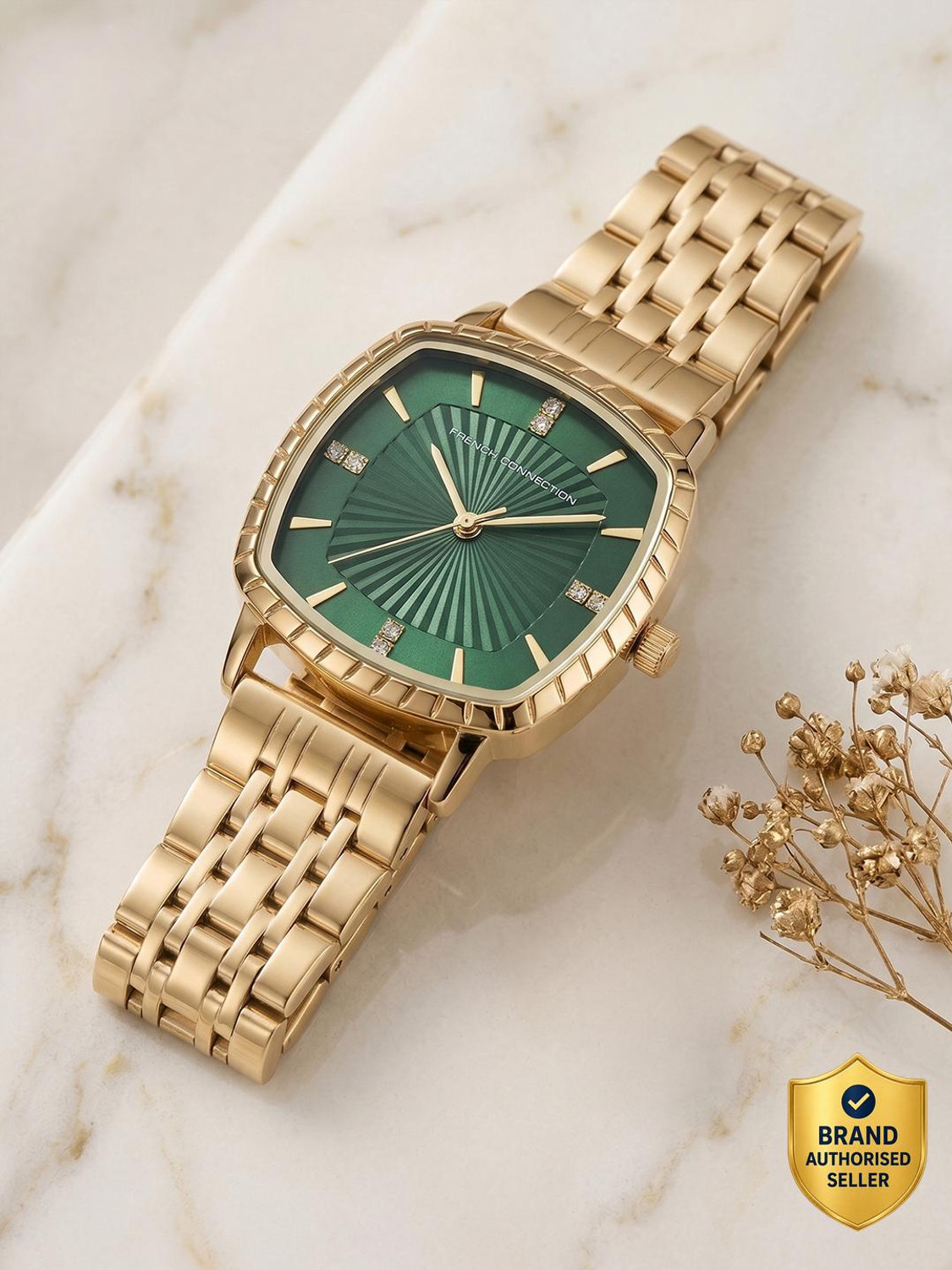 Image of French Connection LUMINEA Green Texture Square Dial | Gold Stainless Steel Analog Watch for Women Analog Watch - For Women