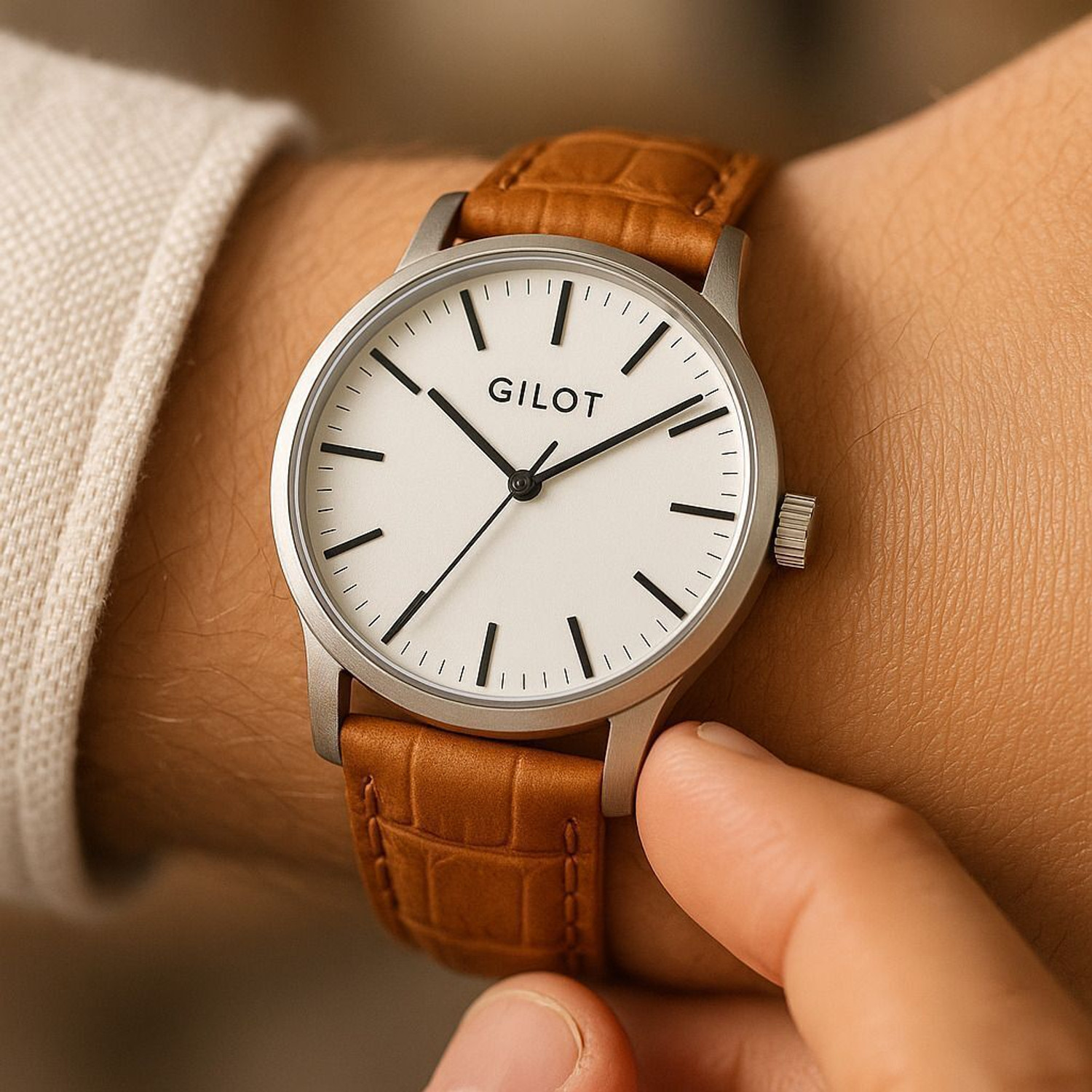 Image of GILOT Minimalist White Dial Brown Leather Strap Silver Case Analog Watch - For Men