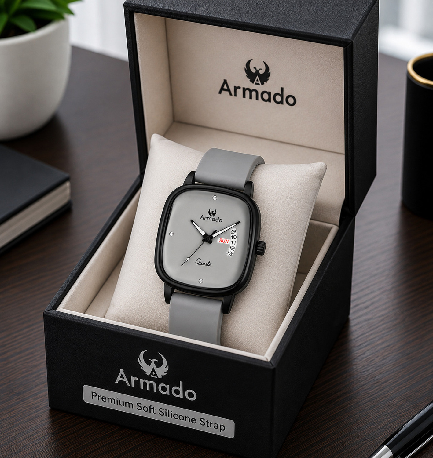 Image of ARMADO AR-MH-1281522-Neutral Grey Armado Watch for Boys | Square Dial | Day & Date Display | Silicone Strap Analog Watch - For Men