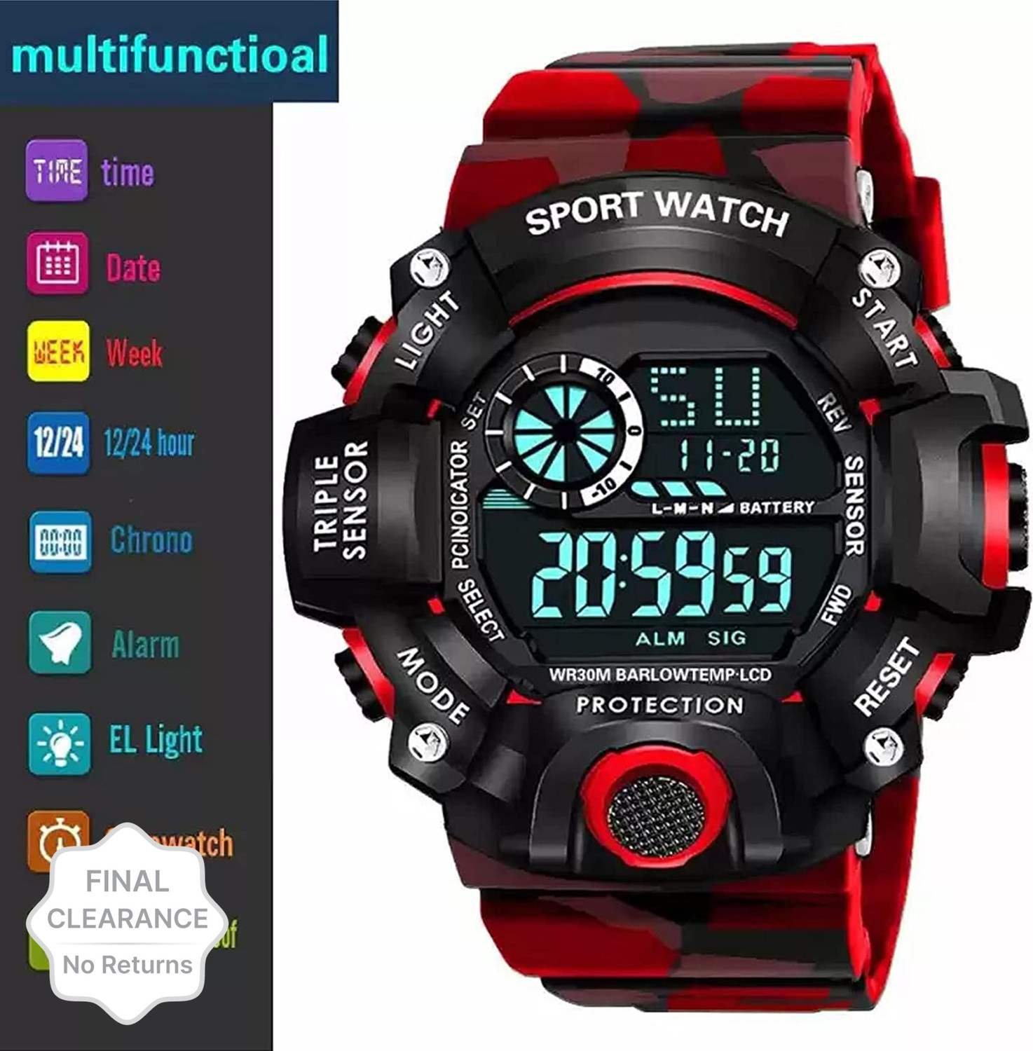 Image of selloria Red Strap 7 Lights Digital Watch - For Boys Digital Watch - For Boys
