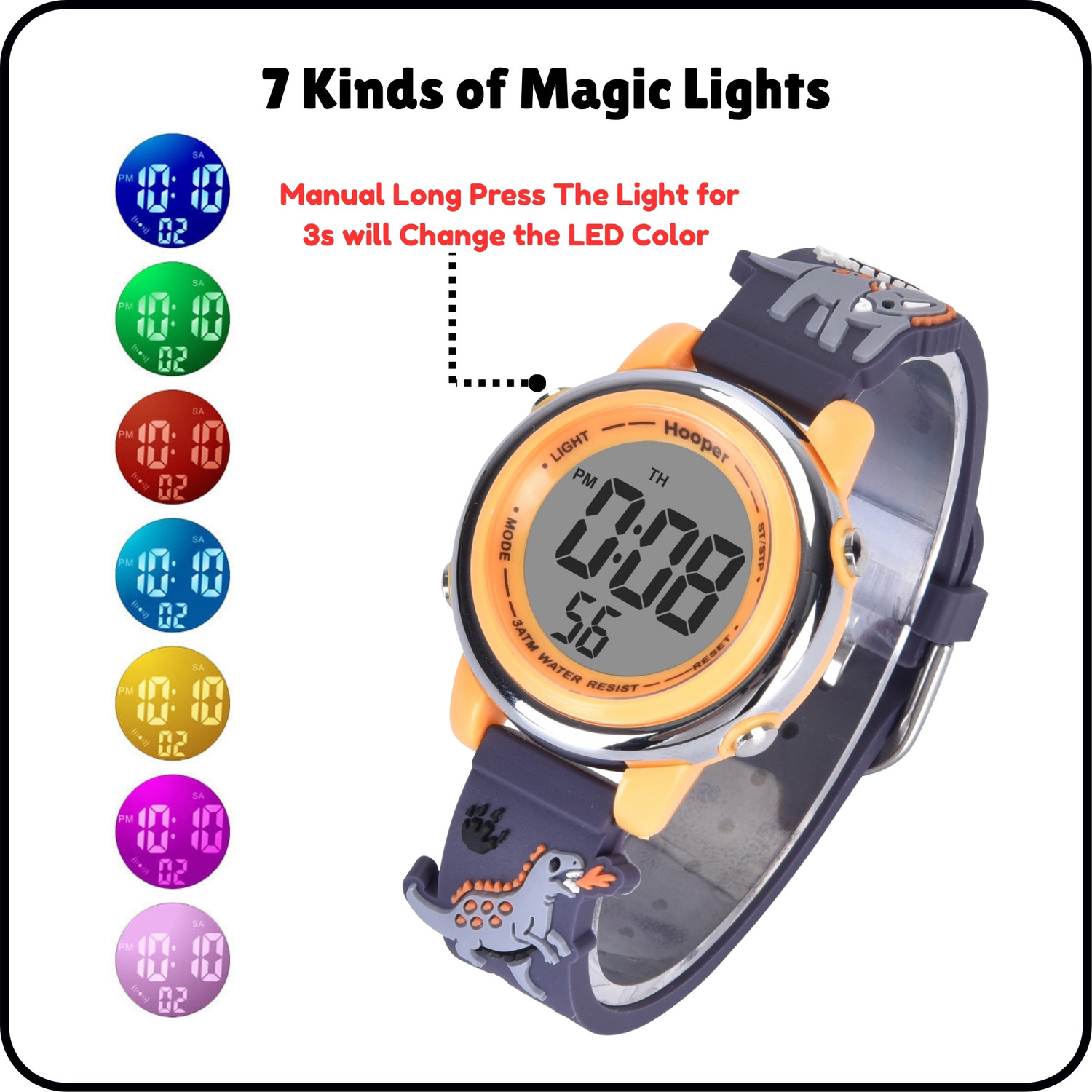 Image of Hooper Dinosaur Grey 3D Hooper 3D Kids Digital Watch, 7‑Color LED, Soft Silicone Strap, Age 5-10 Digital Watch - For Boys
