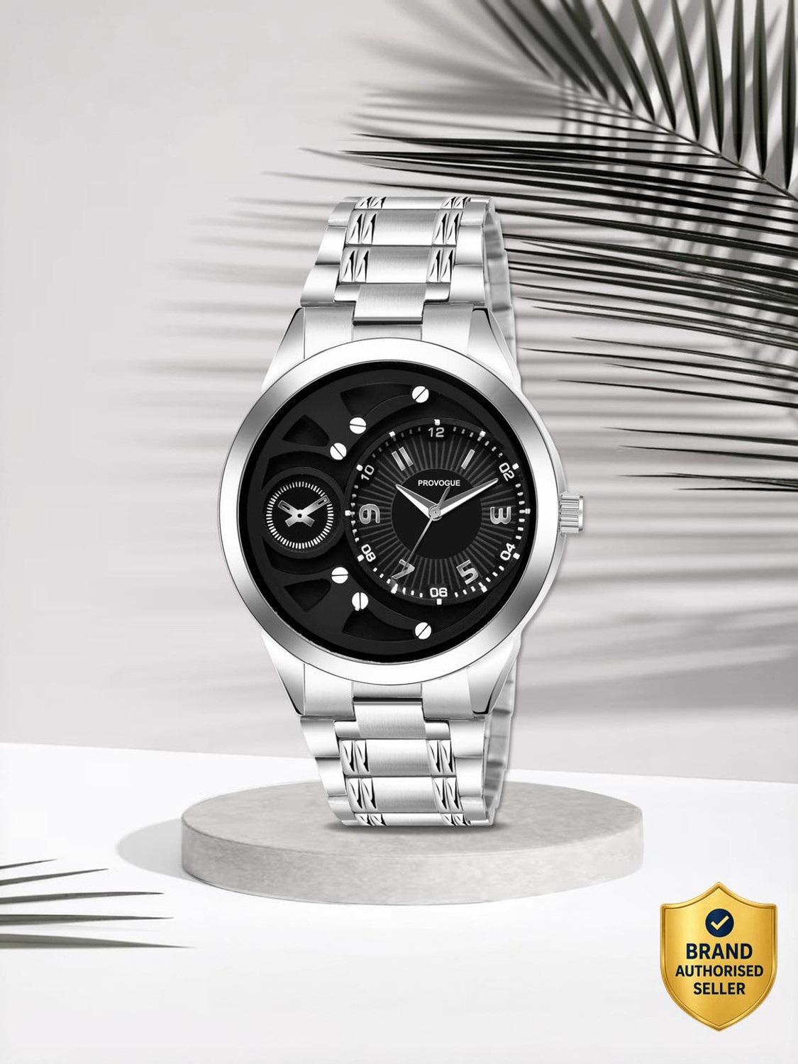 Image of PROVOGUE Fashionable Silver Case with Textured Black Dial Analog Watch - For Men