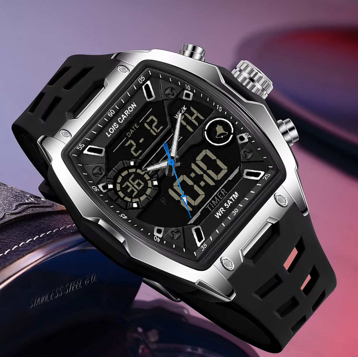 Image of LOIS CARON LCDA8028 Analog Digital Watch for Men | curved Barrel Shaped Multifunction Dual Display Analog-Digital Watch - For Men