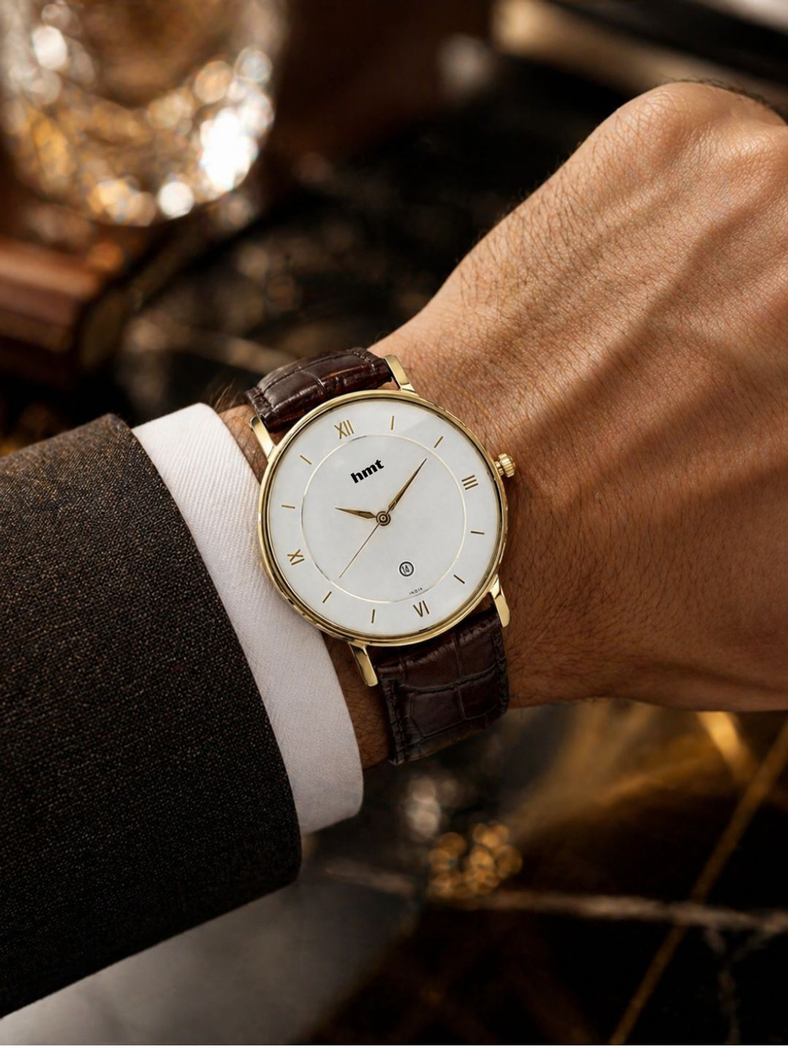Image of Hmt watches HMT Clasic Watches Classic White dial Gold Case Brown Belt with Date Display Analog Watch - For Men & Women