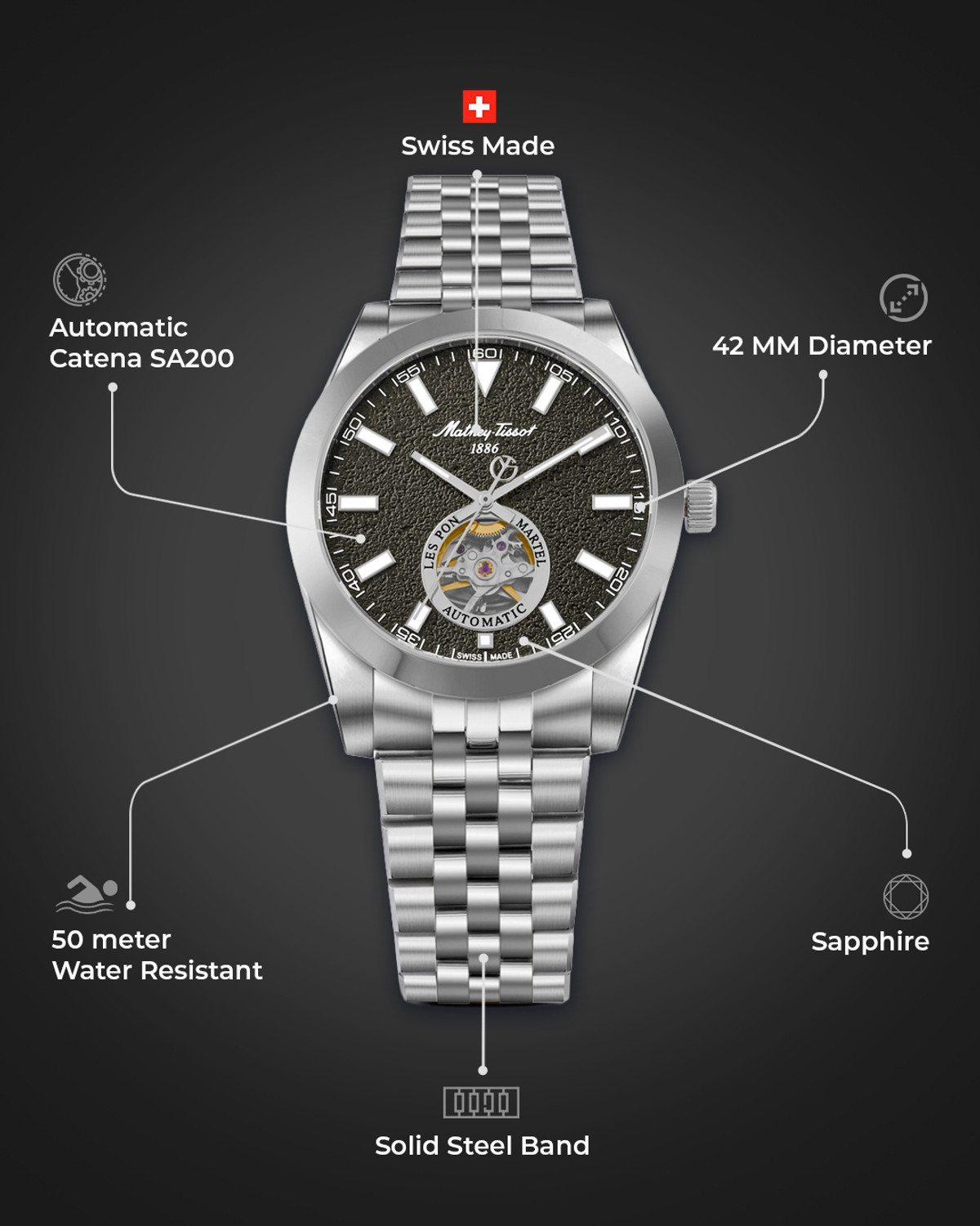 Image of Mathey-Tissot EF1450ATAS Swiss Made Mathy I Open Heart Automatic Grey Dial Analog Watch - For Men
