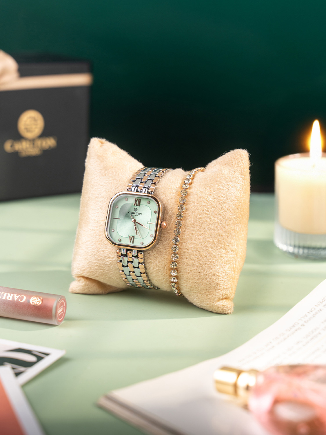 Image of CARLTON LONDON CLPLG107 Gift Set of Chelsea Mint Green Analog Watch - For Women