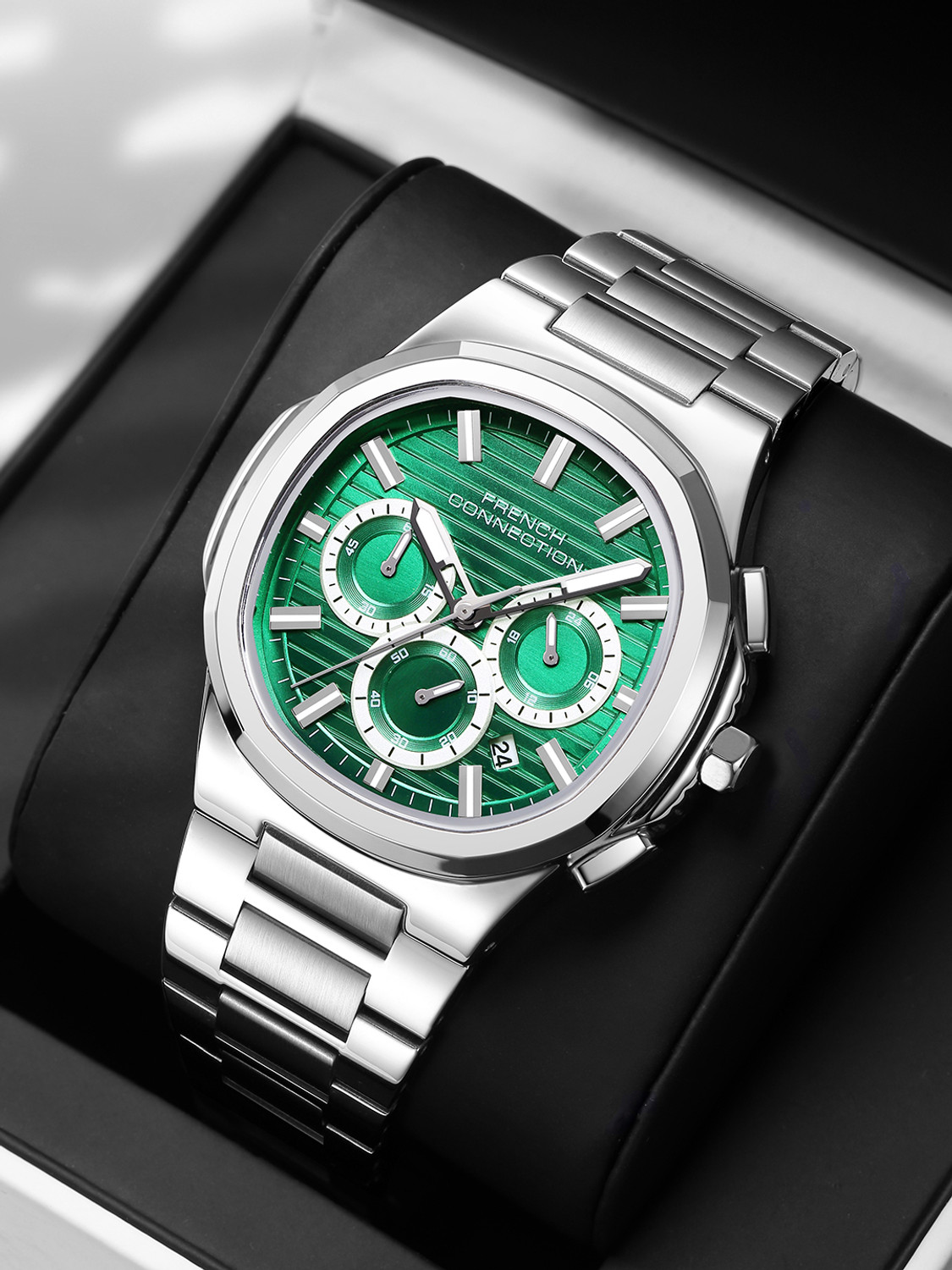 Image of French Connection Green Sunray Octagonal Dial | Silver Stainless Steel Chronograph Watch for Men Analog Watch - For Men