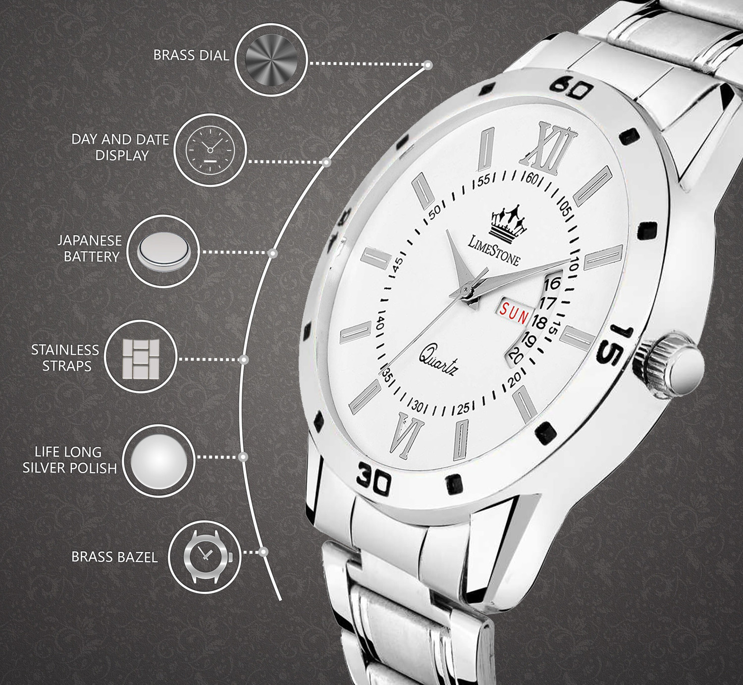 Image of LIMESTONE Day and Date Functioning Stainless Steel Quartz Analog Watch - For Men