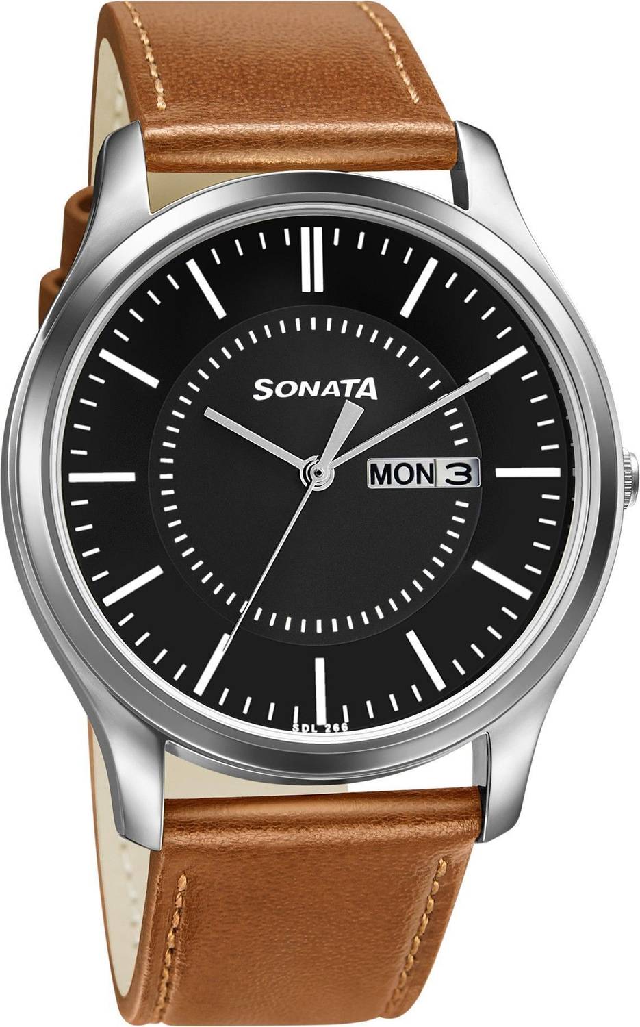 Sonata 77082SL08W Black Dial Tan Leather Men's Watch - Image 2