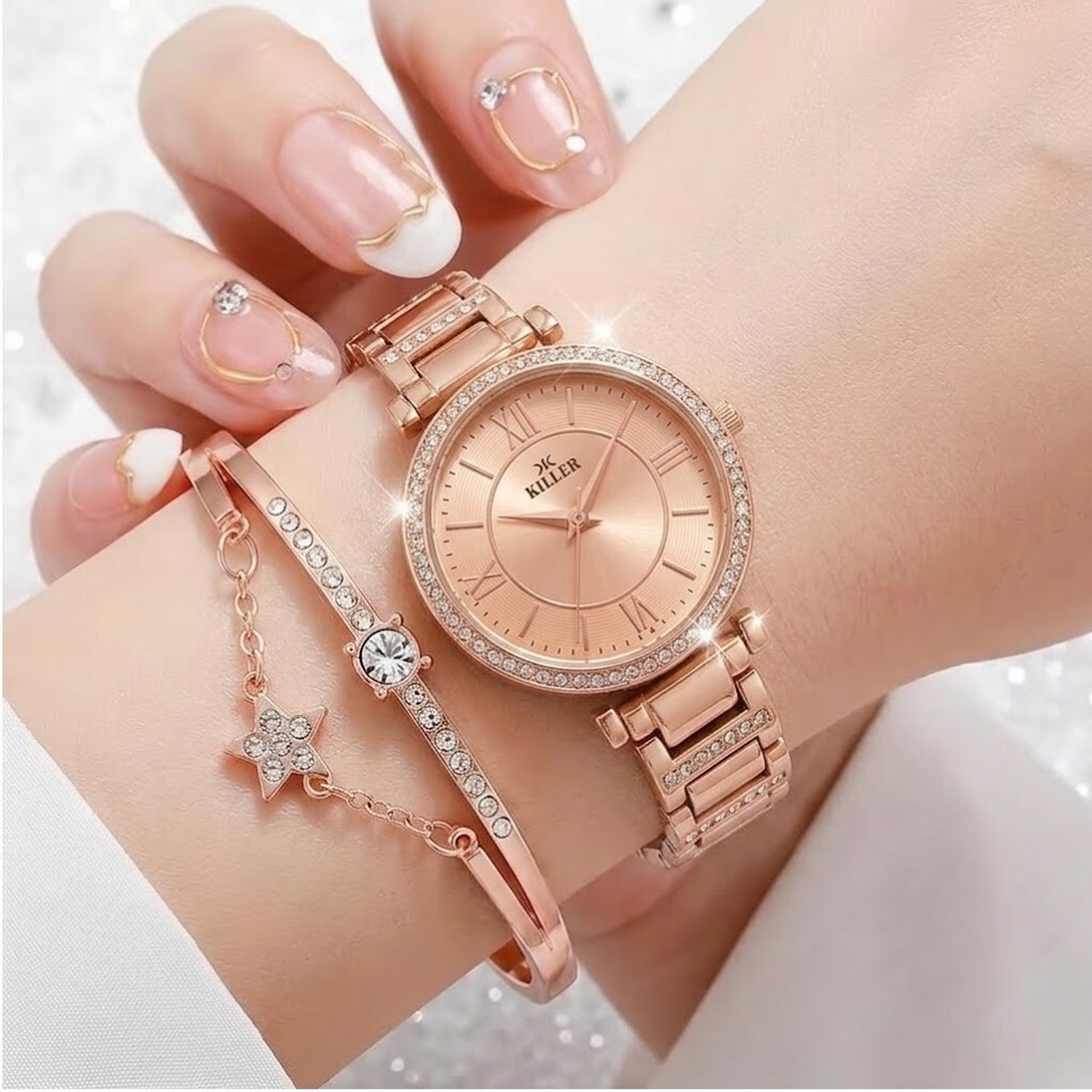 Image of KILLER Killer Rosegold Watch&Bracelet Combo Set KILLER Rose Gold-Toned Stone-Studded Analog Watch with Matching Star Charm Analog Watch - For Women