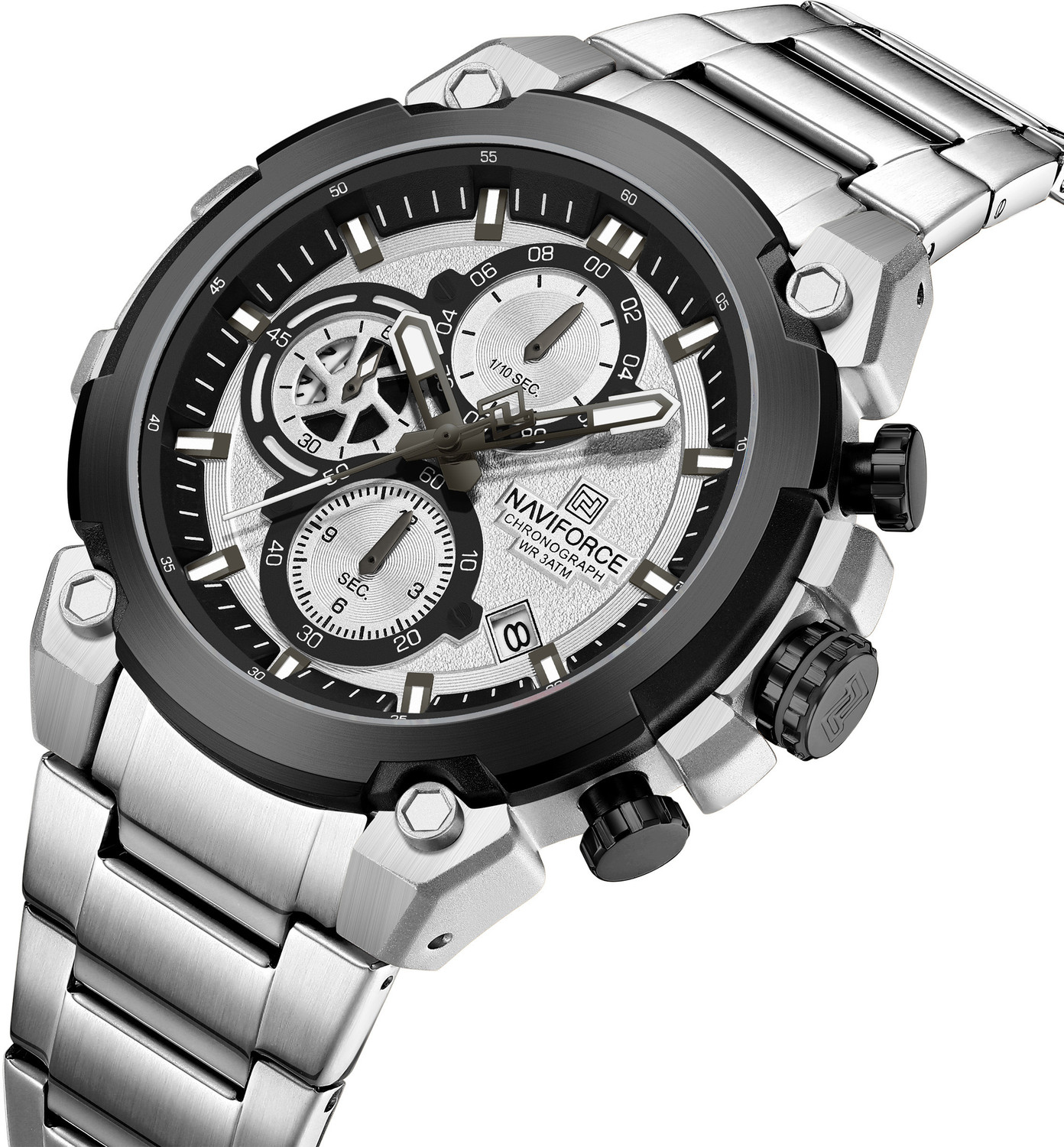 Image of NAVIFORCE NF8071 White choronograph dial with date window and Silver stainless steel Analog Watch - For Men
