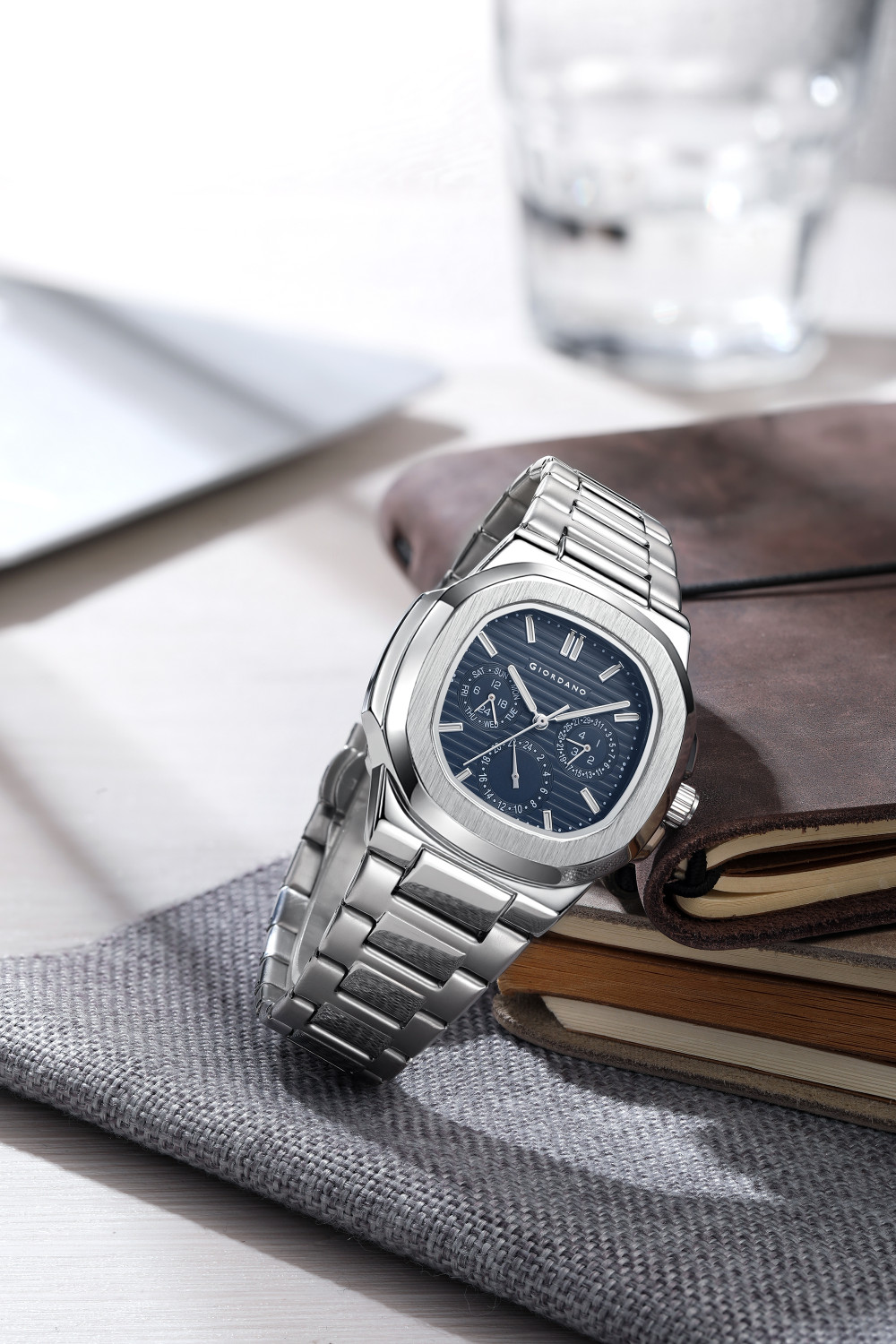 Image of GIORDANO Multifunction Watch Texture Dial Cushion Case Luminous Index Marker Stainless Strap Day Date Display Analog Watch - For Men