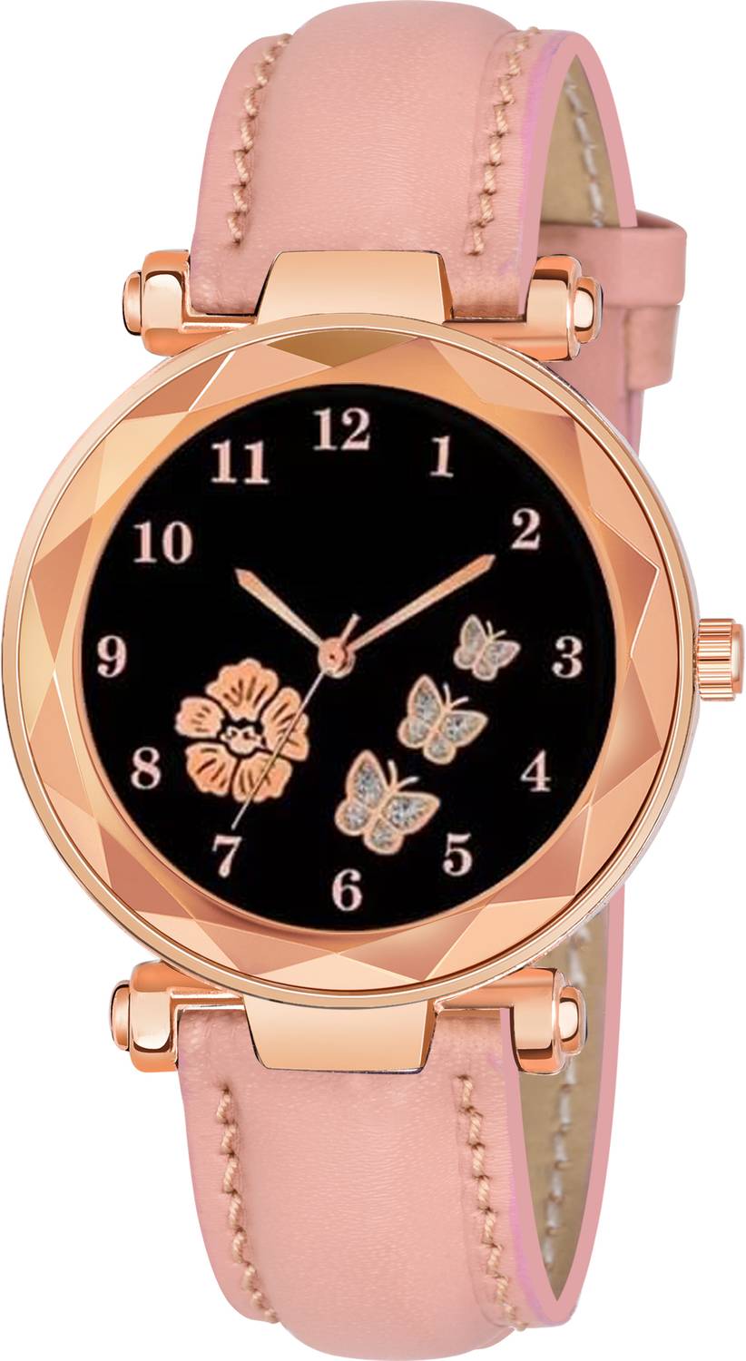 CERO FBF223 New Flower Butterfly Design Dial Lather Strap Woman Analog Watch - For Girls