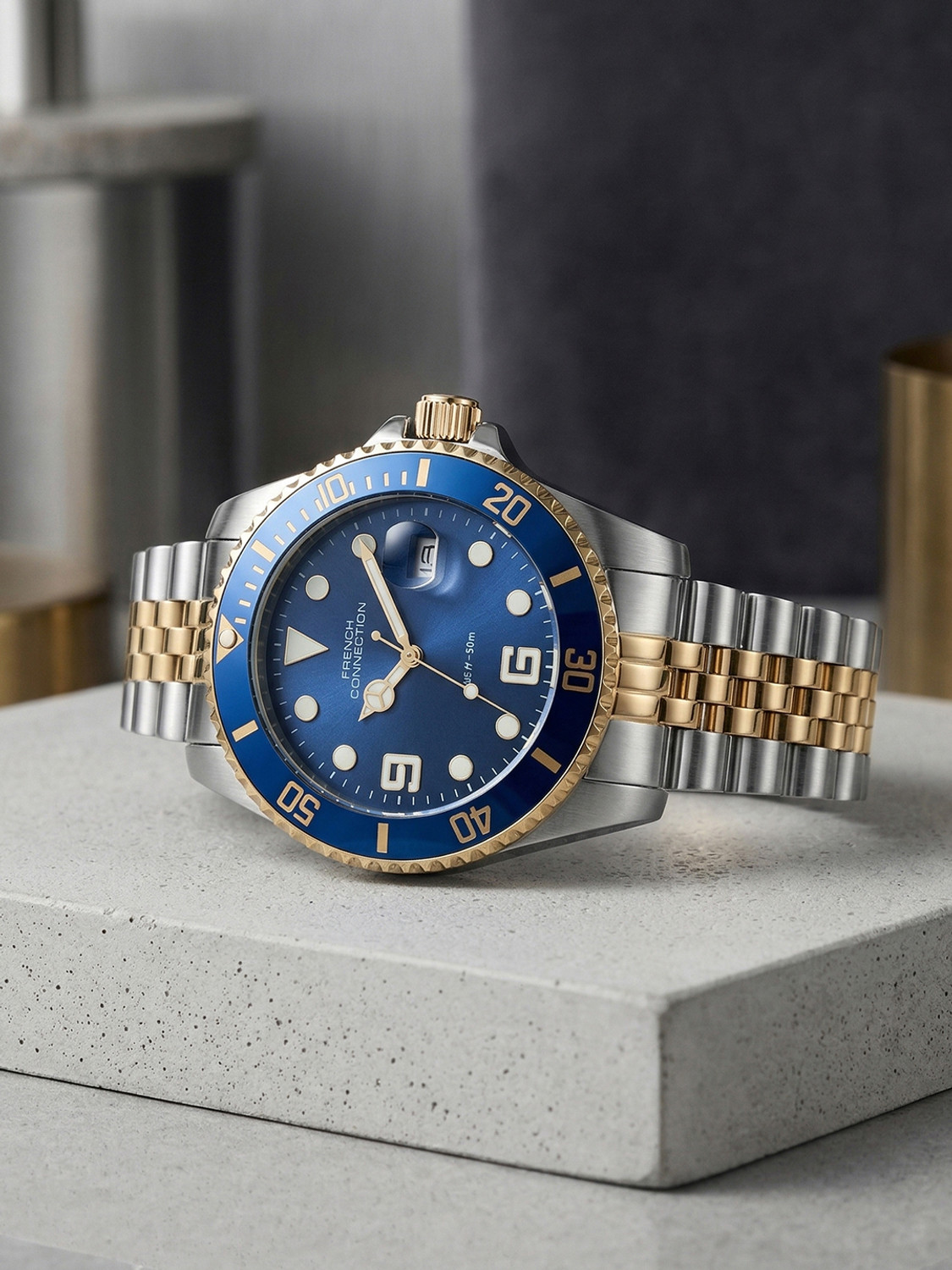 Image of French Connection STEELORA Blue Dated Sunray Round Dial | Gold Stainless Steel Analog Watch for Men Analog Watch - For Men