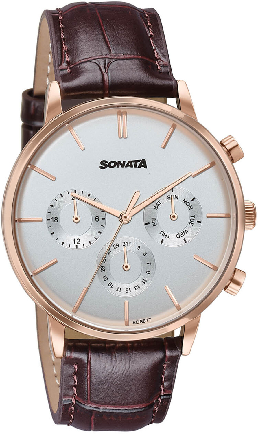 Image of SONATA Festive 2.0 Ph II Sonata Festive 2.0 Quartz White & rose gold Dial Brown Leather Strap Analog Watch - For Men