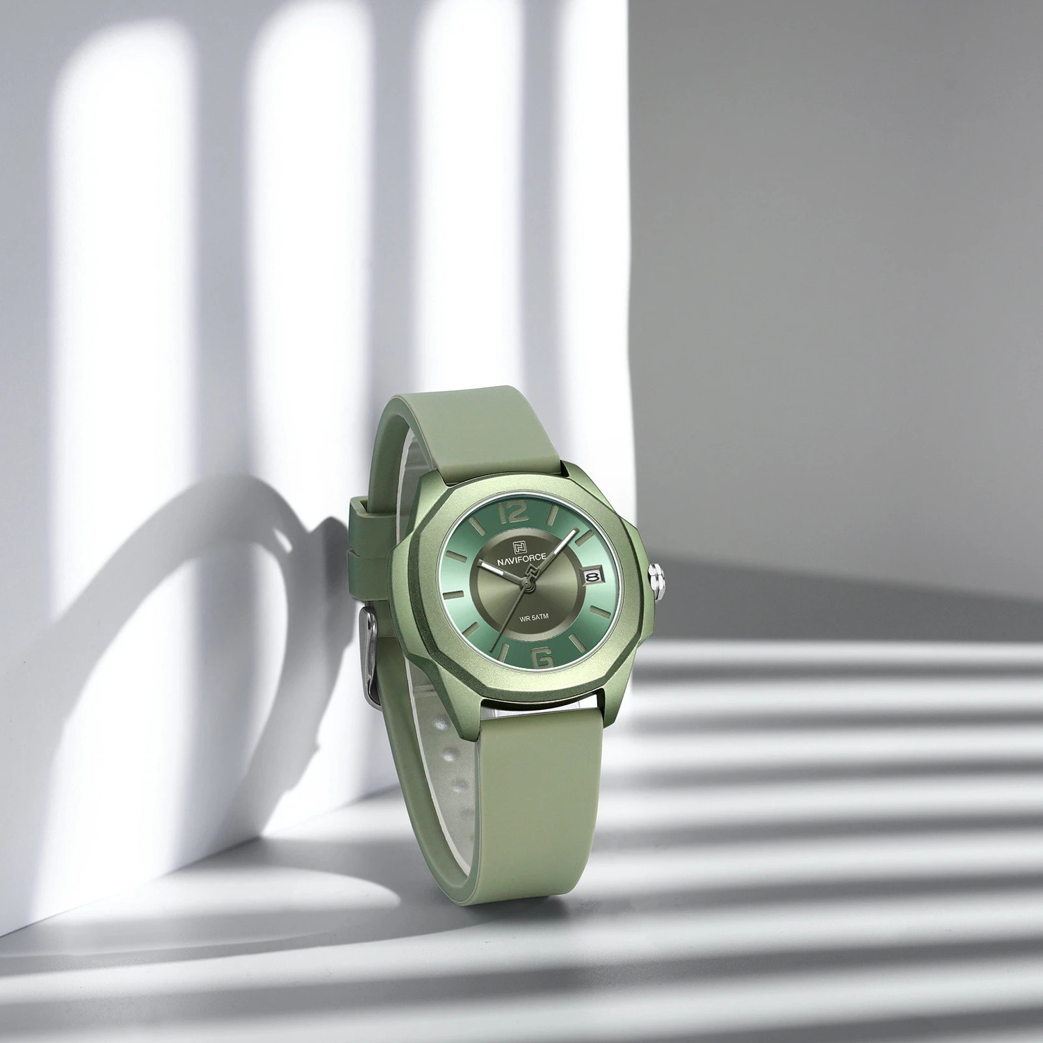 Image of NAVIFORCE NF7107 Green Super soft silicone strap sunburst pattern dial with luminous hand Analog Watch - For Women