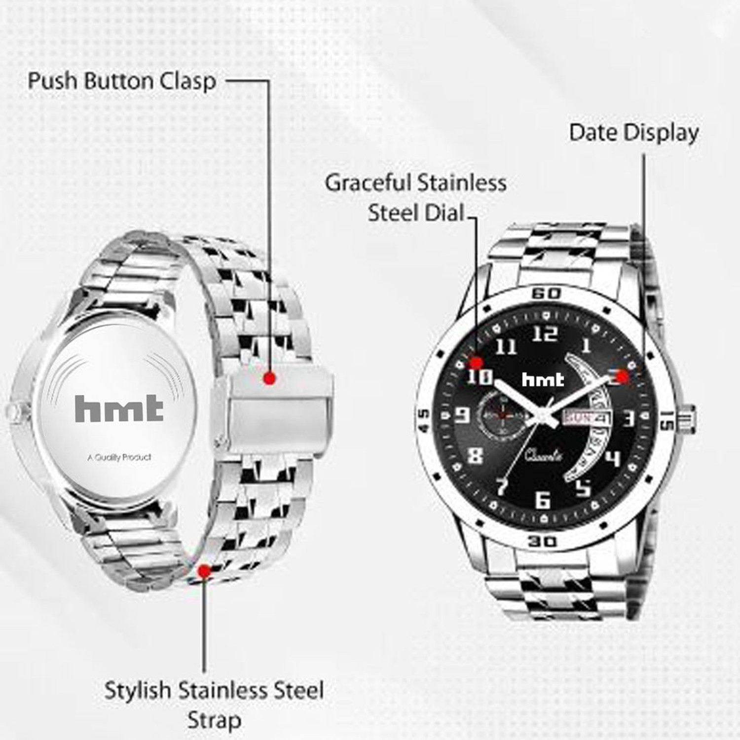 Image of HMT DLD Stainless Steel 494 Black Day & Date Series Original Black HMTS Quartz Steel Wrist Watch Analog Watch - For Men