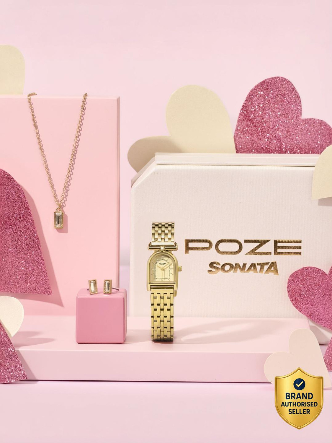 Image of SONATA Poze 8 Poze 8 Quartz Gold Dial IPG Alloy Watch & Jewellery Combo Analog Watch - For Women