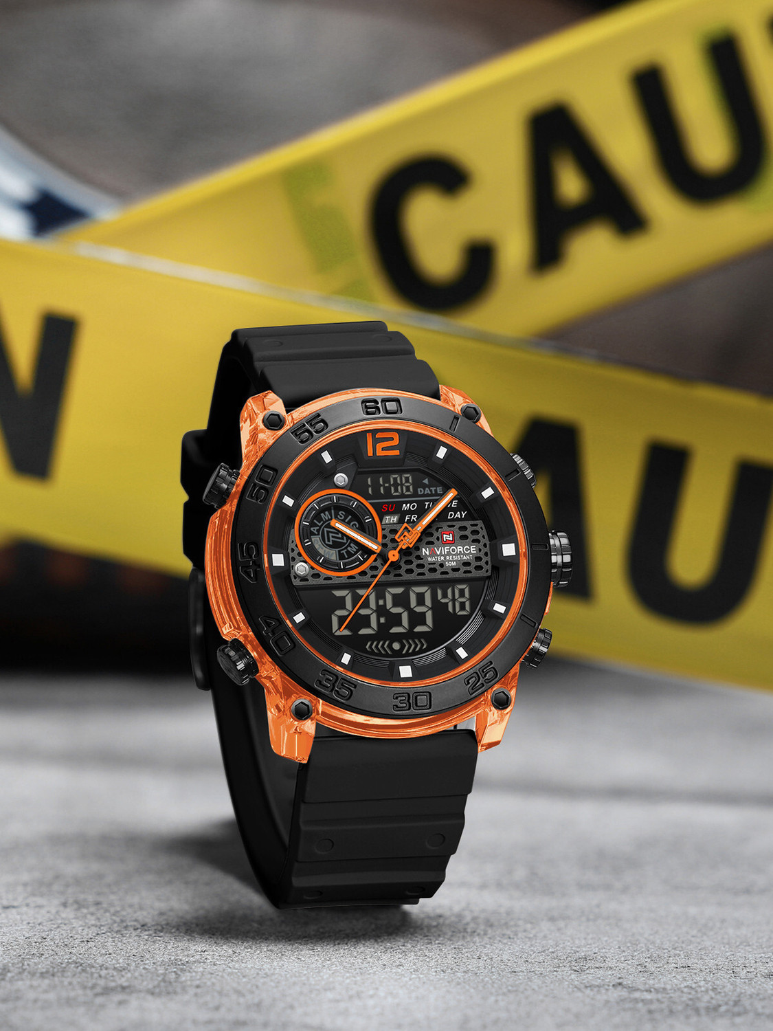 Image of NAVIFORCE Sporty And Distinctive Dual Display With Striking Orange Accents Analog-Digital Watch - For Men NF6104OOB