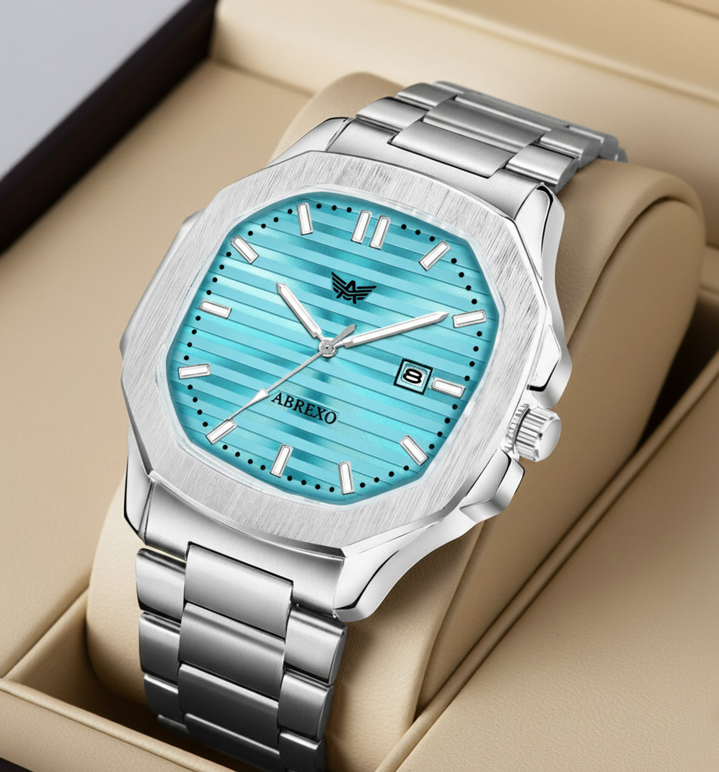 ABREXO Abx4568-Sky Blue Nautilus Date Working Square Blue Dial