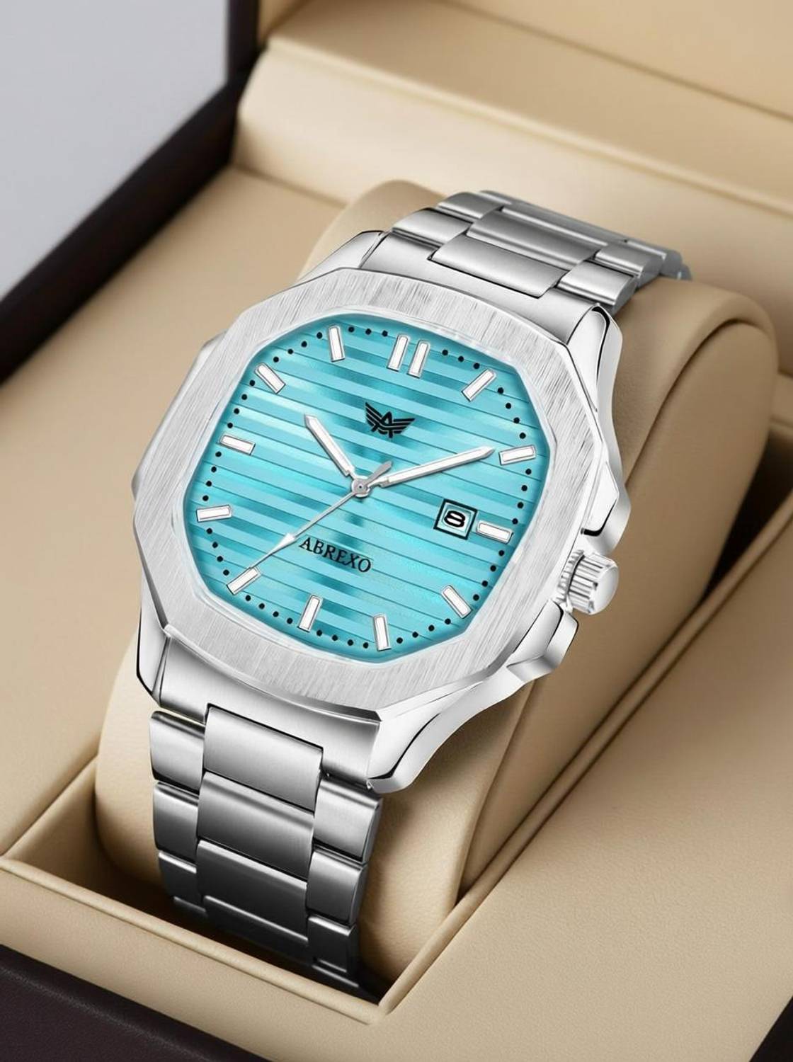 ABREXO Abx4568-Sky Blue Nautilus Date Working Square Blue Dial