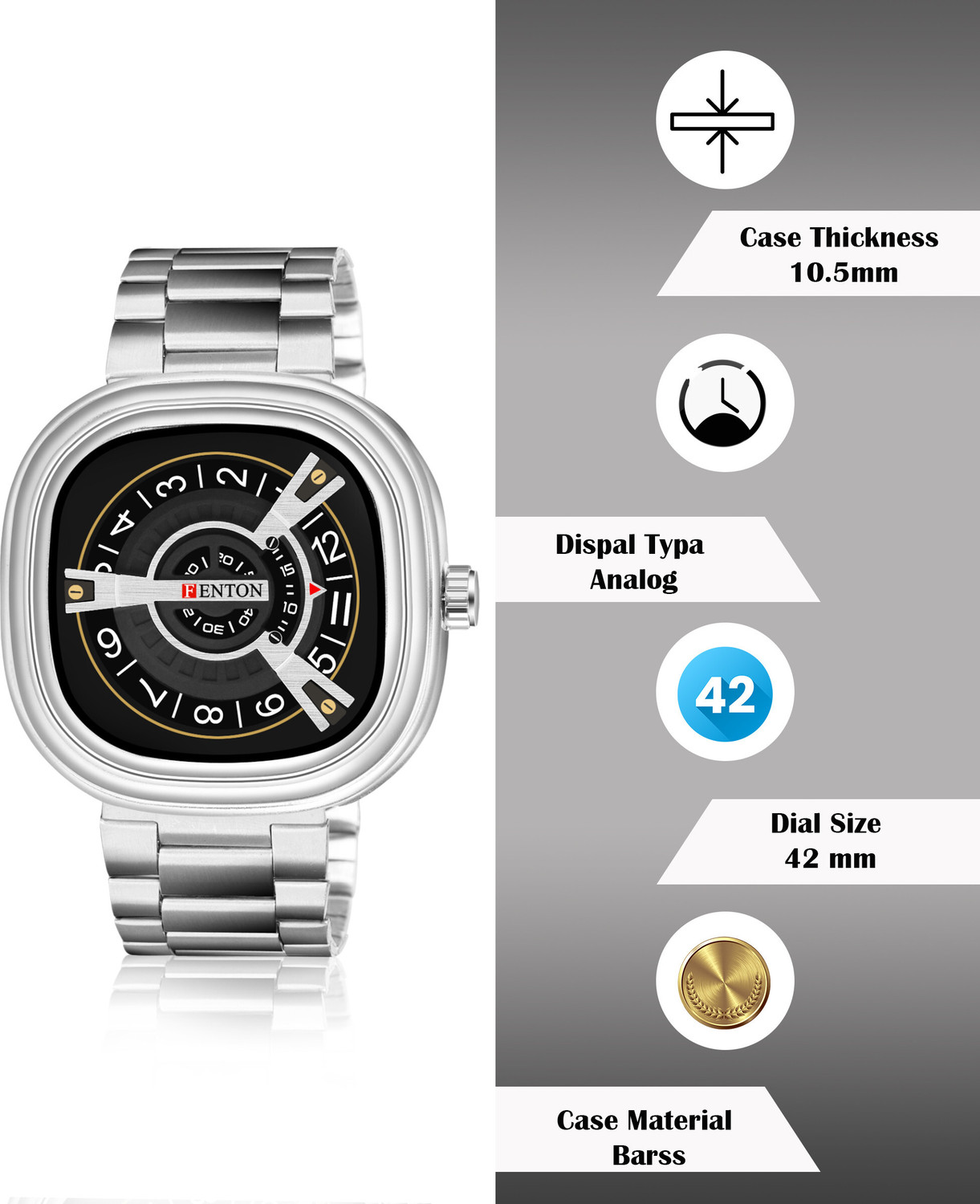Image of FENTON WATCHES FENTON-900051 Wrist Watch, Stainless Steel Bracelet, Black Dial with Arabic Numerals Analog Watch - For Men