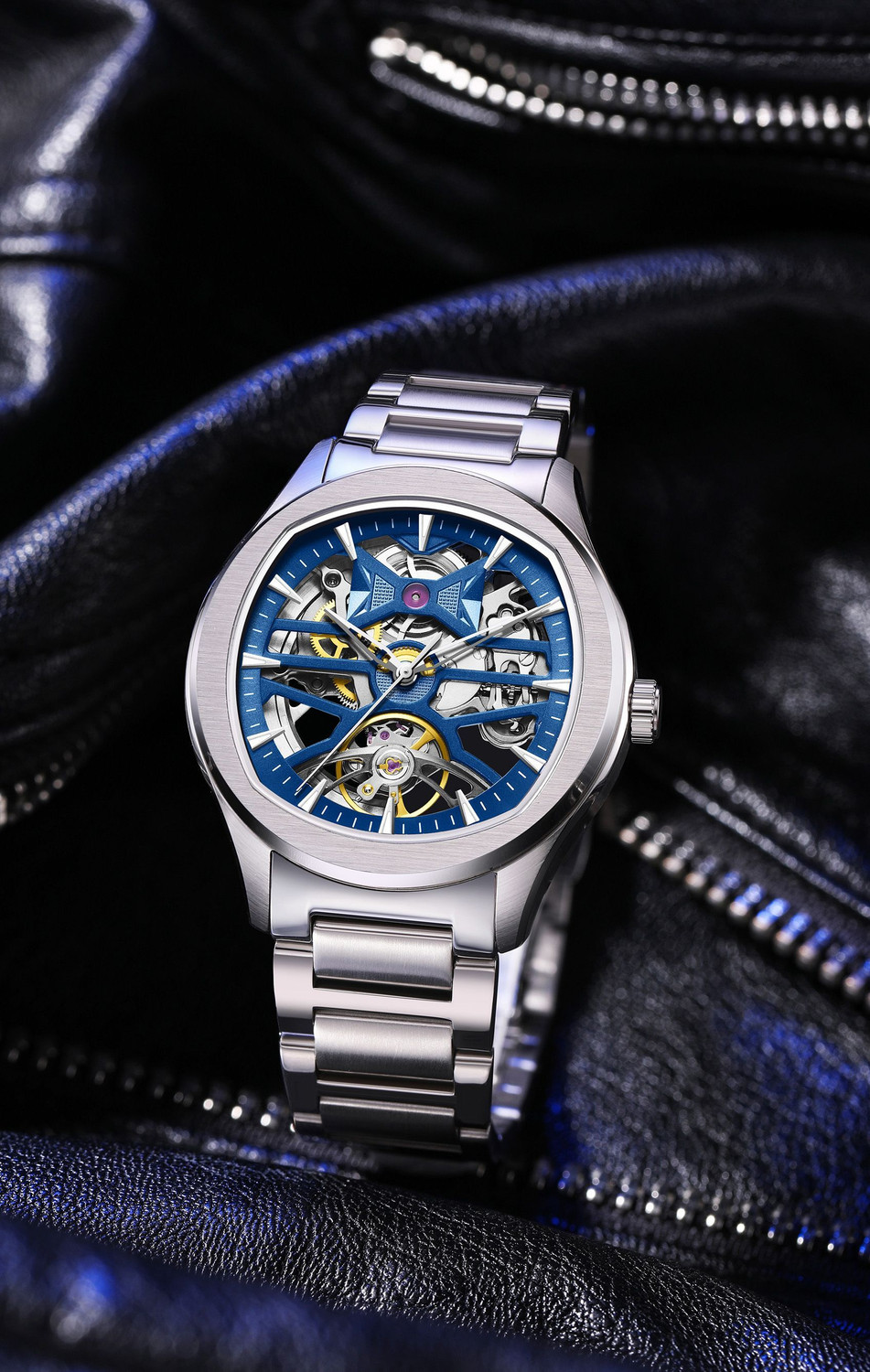 Image of Alix AL2924S Blue Skeleton Dial With Silver Stainless Steel Strap Analog Watch - For Men