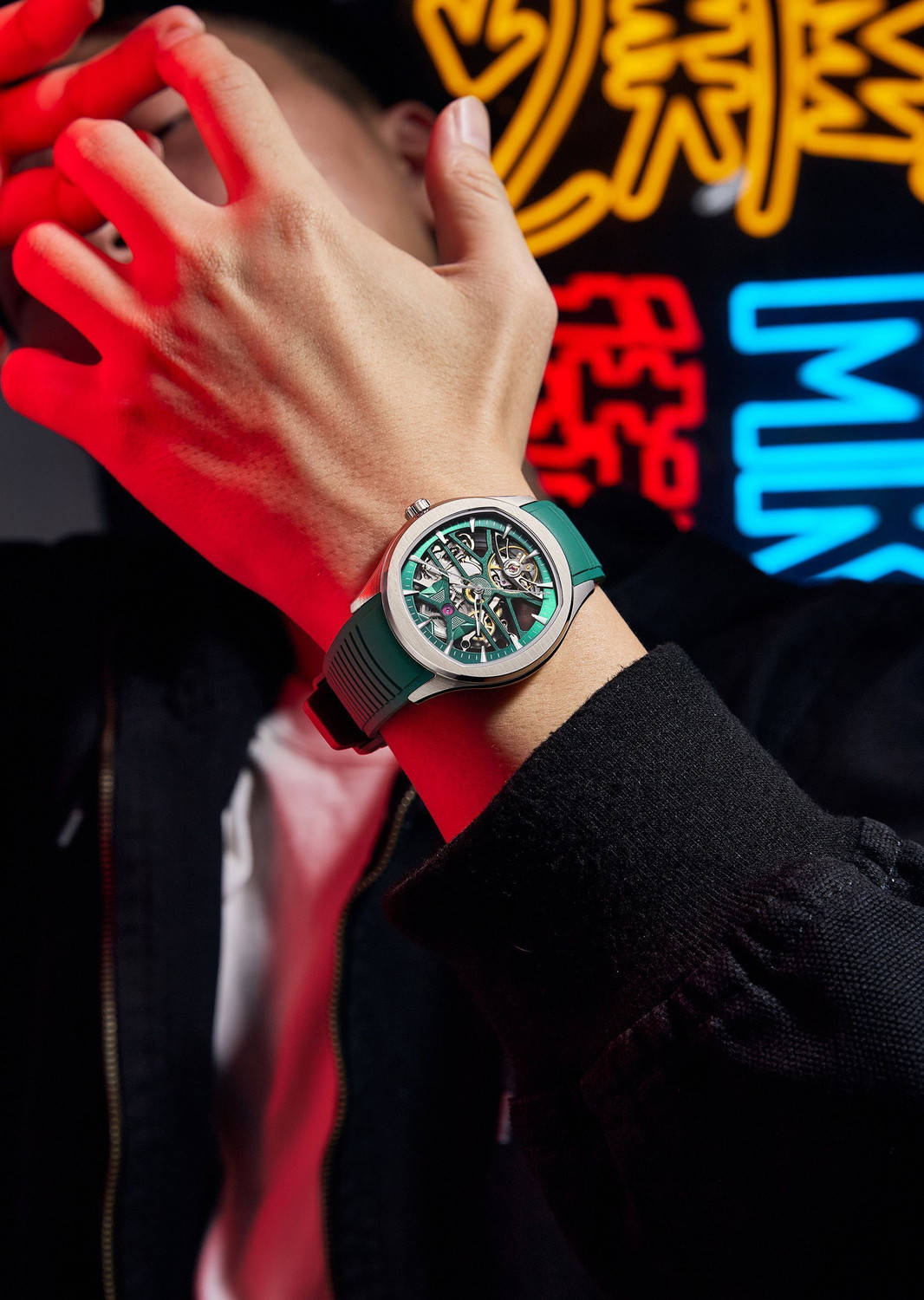 Image of Alix AL2924T green Skeleton square tourbillon Dial With Silver soft silicon Strap Analog Watch - For Men