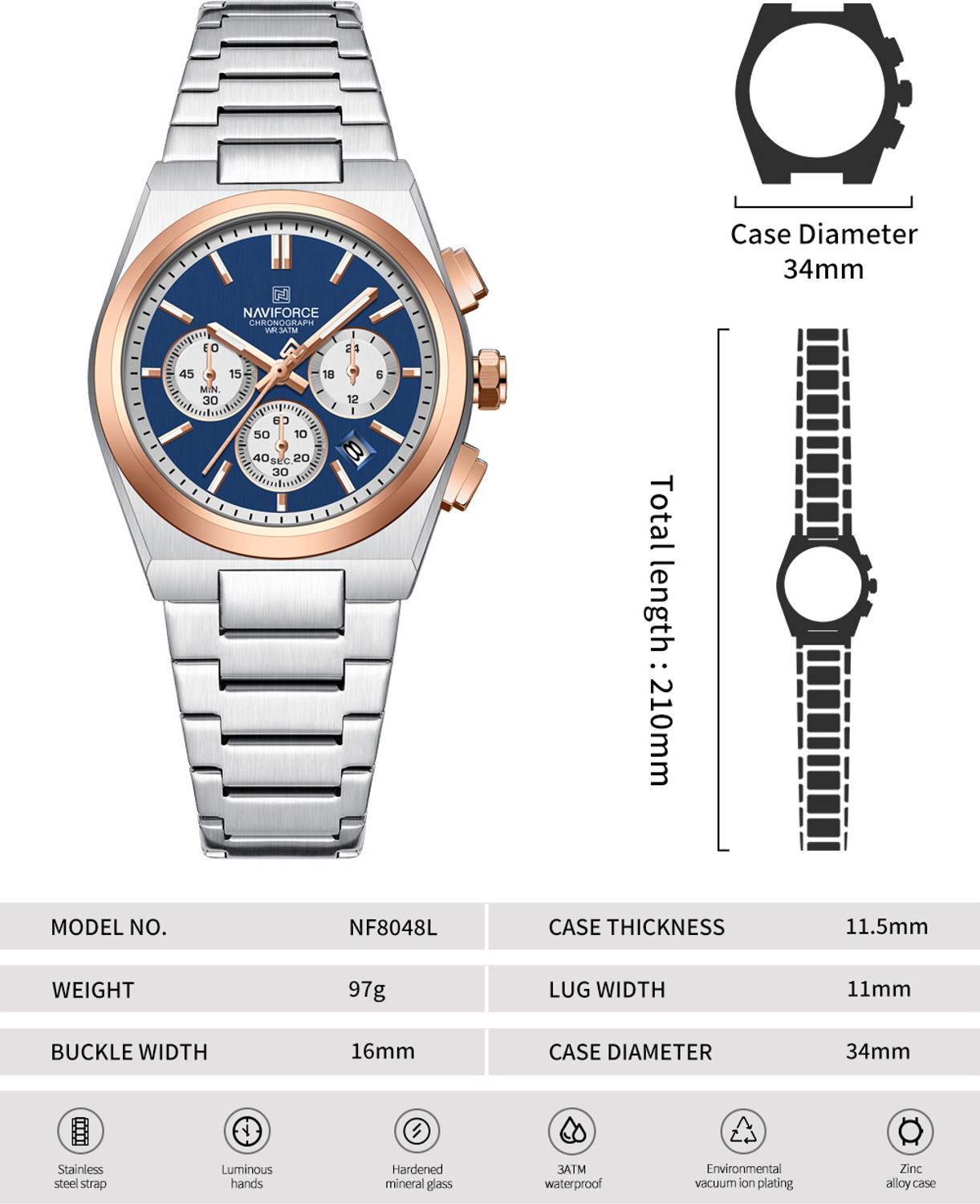 Image of NAVIFORCE NF8048 Couple Silver & Rosegold with blue chronograph dial stainless steel strap Analog Watch - For Couple