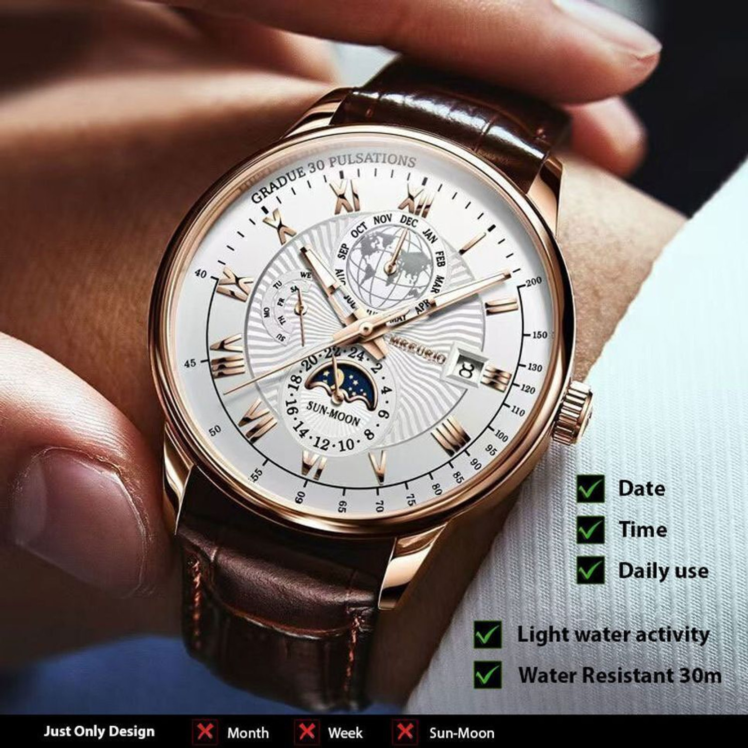 Image of MINGURI Model 2025 Men's Quartz Analog Watch with Leather Strap, Day /Date Analog Watch - For Men