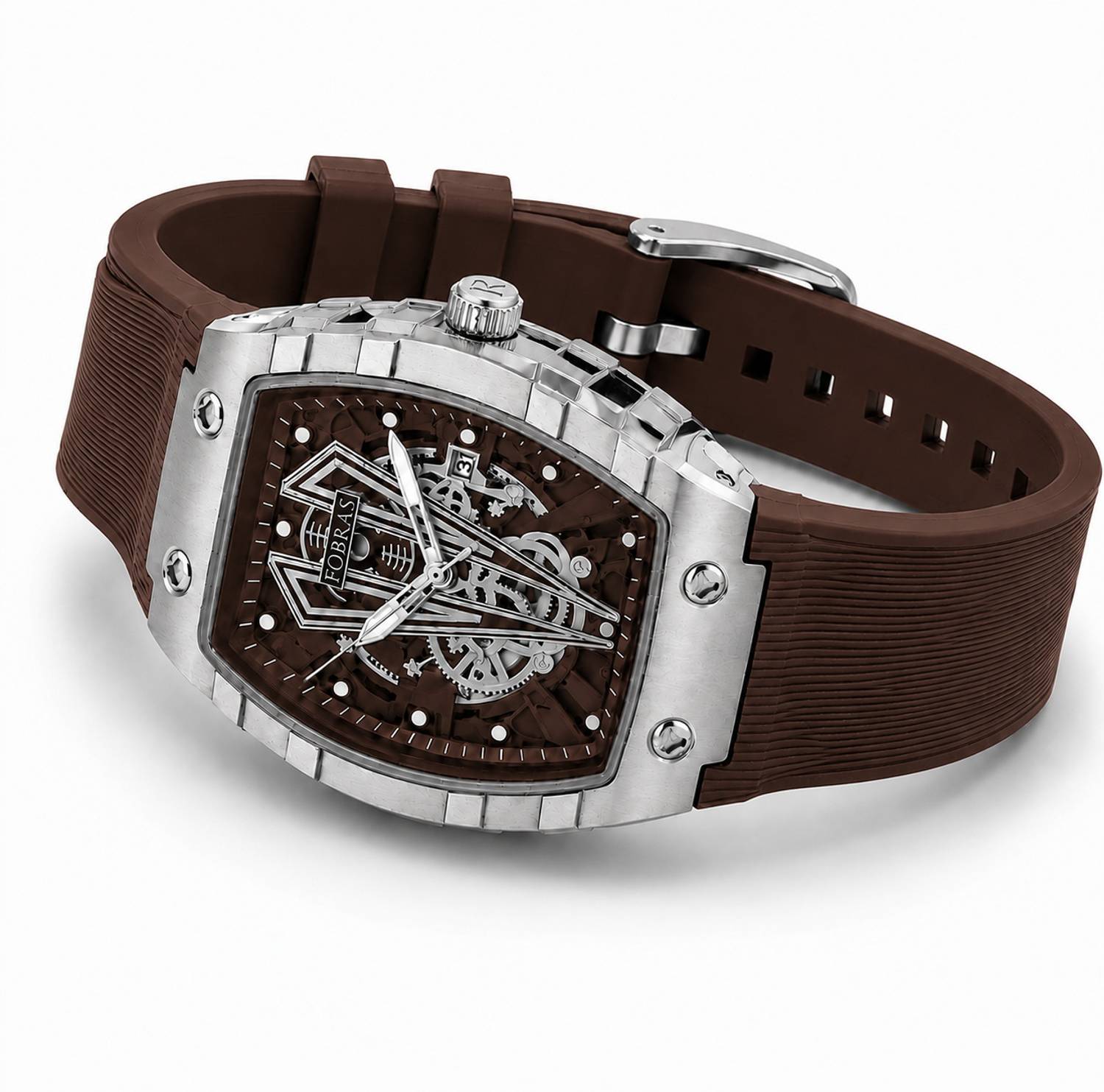 K&K Premium Skeleton Silver Tonneau Watch for Men - Image 4