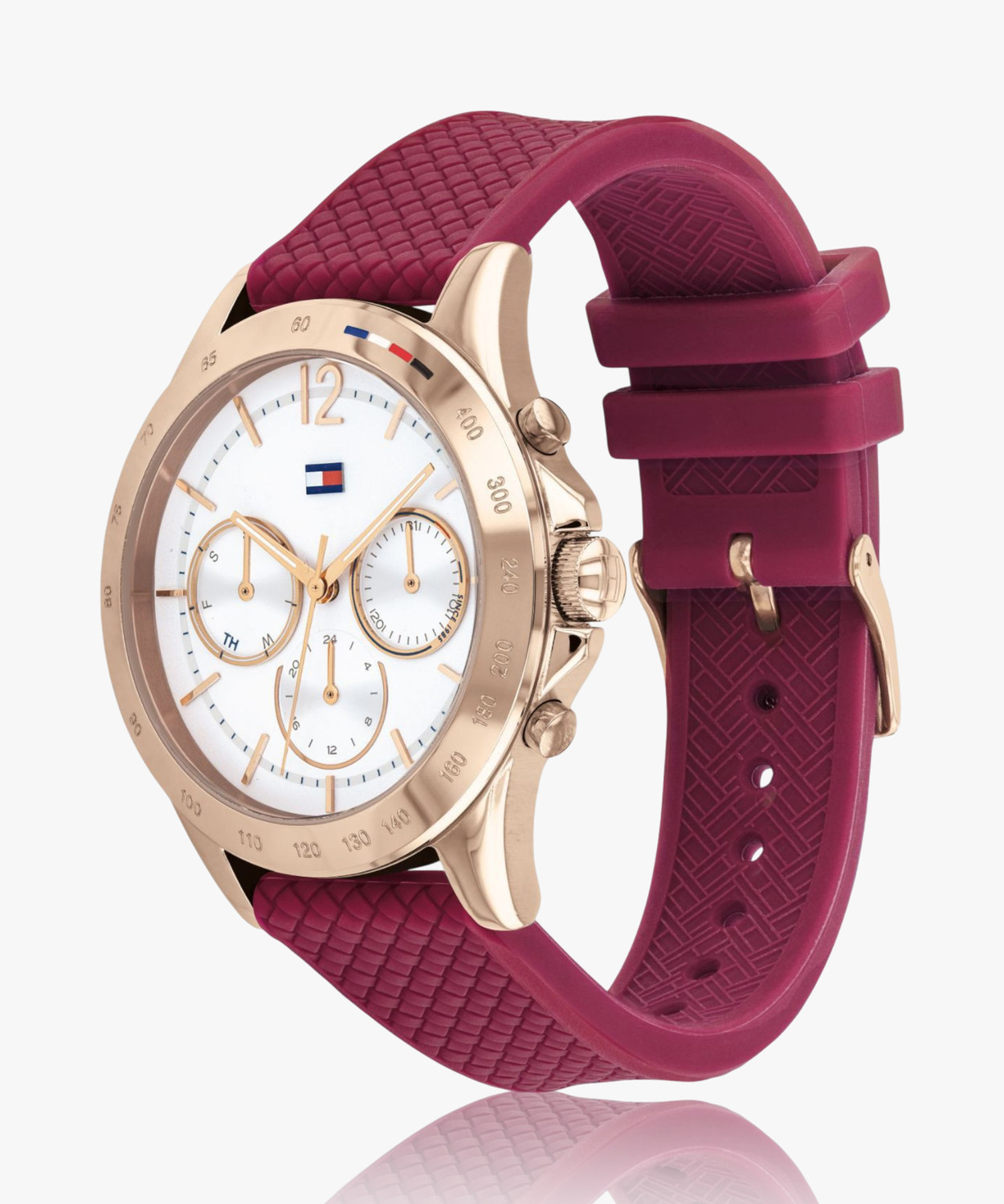 Image of TOMMY HILFIGER NCTH1782200 Tommy Hilfiger Multifunction Silver Dial Crimson Silicone Strap Analog Watch - For Men