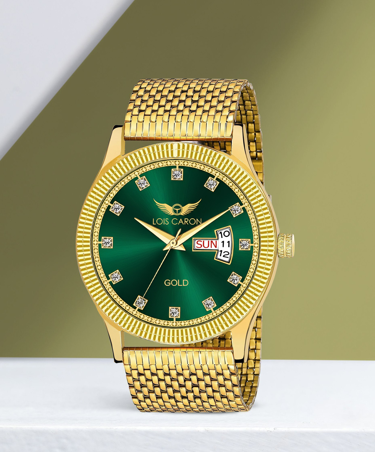 Image of LOIS CARON LCS-8650 Day & Date Original Gold-Plated Green Dial Stylish Diamond hour markers Analog Watch - For Men