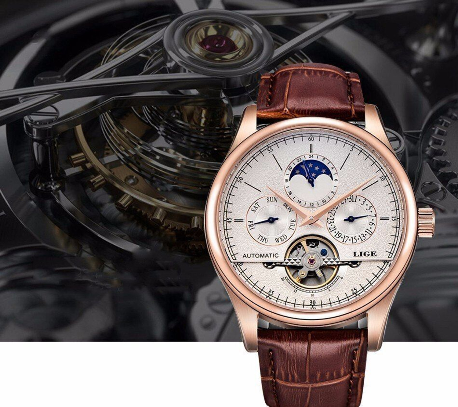 Image of Lige Mens Watch Automatic Mechanical Skeleton Luxury Leather strap wrist Watch Analog Watch - For Men
