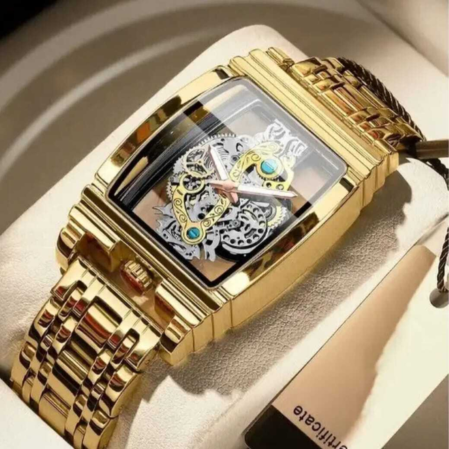 Image of DPA SKELETON RECTANGLE WATCH LUXURY GOLD SKELETON WATCH FOR MEN Analog Watch - For Men