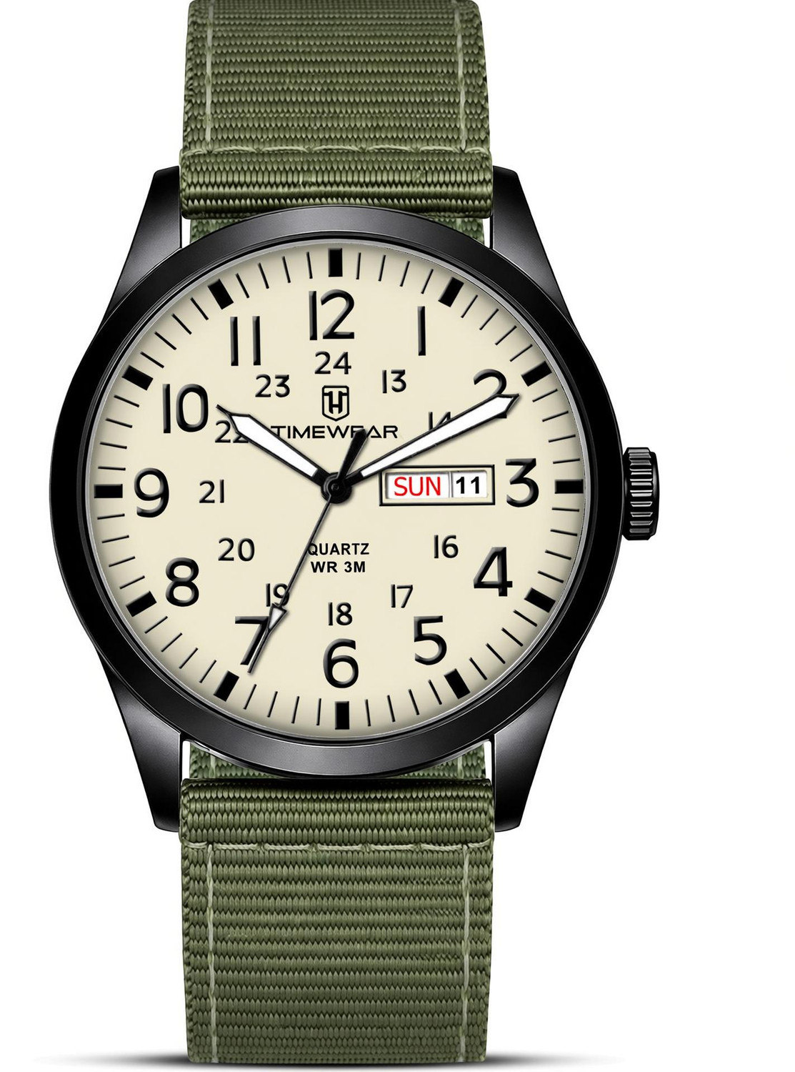 Image of TIMEWEAR 337BGTG TIMEWEAR New Track Number Dial, Day & Date, Green Fabric Strap Analog Watch - For Men