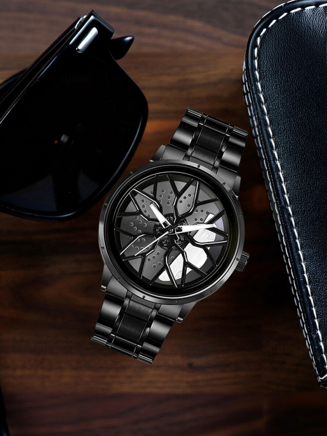 Image of Spinner Men's Rotating Wheel Dial Analog Watch A36 Car wheel watch | Spinning watch | Roatating watch | Gyro watch | Black watch Analog Watch - For Men