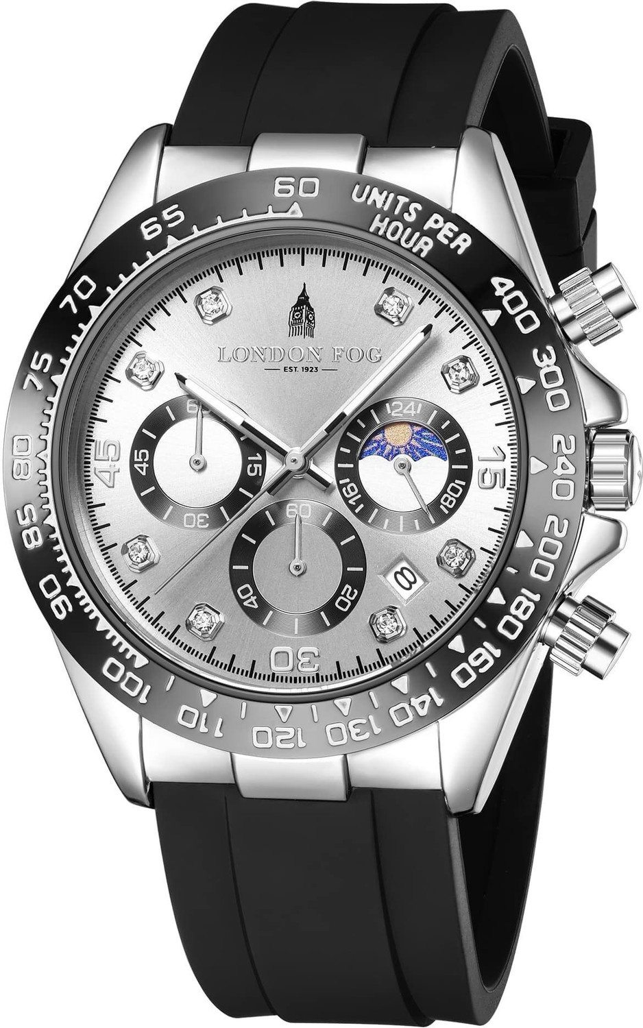 Image of London Fog Silver Dial Black SiliconeStrap Metal Case Tachymeter Bezel Chronograph Function Bond Collection Silver Dial Silicone Strap Tachymeter Bezel Chronograph Function Analog Watch - For Men