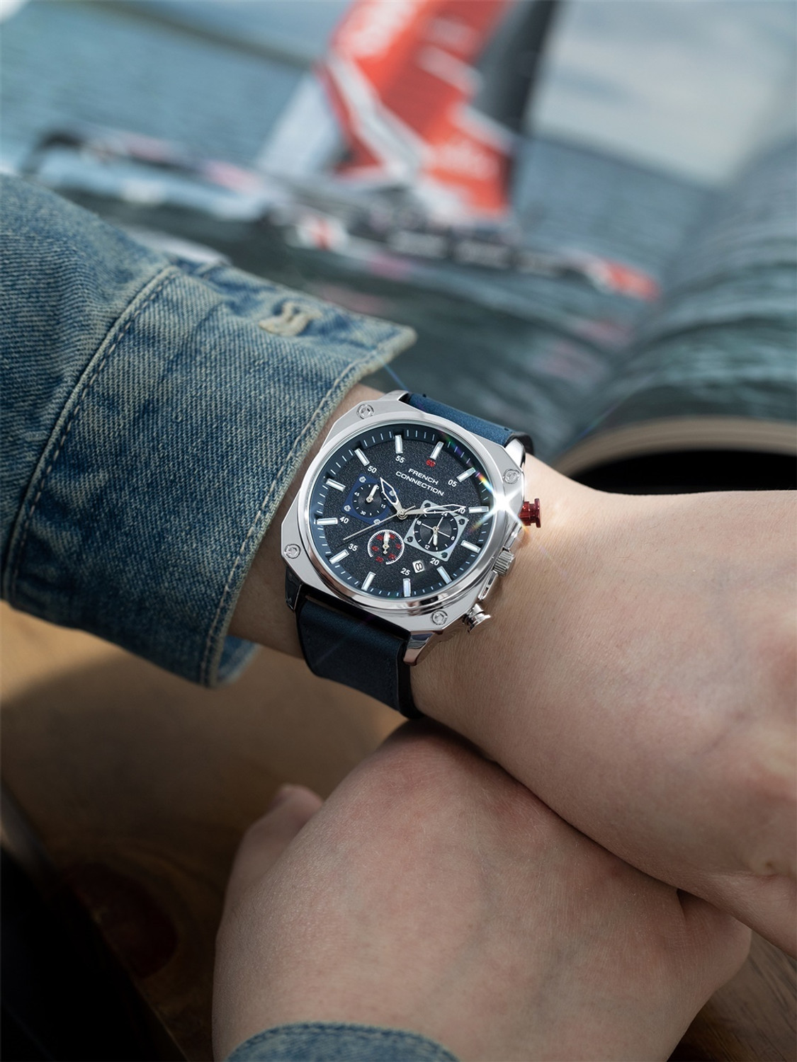 Image of French Connection Blue Pattern Contemporary Dial | Blue Silicone Chronograph Watch for Men Analog Watch - For Men