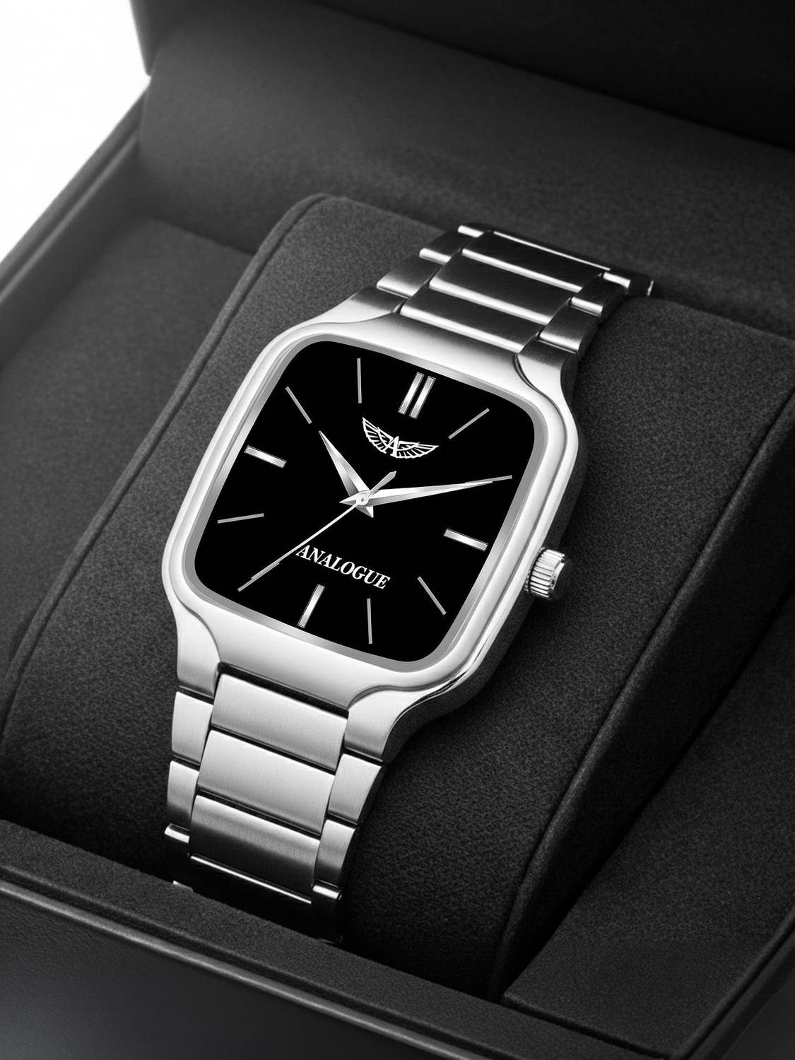 ANALOGUE Elegant Square Series | Adjustable Stainless Steel Strap | 3D Cut Glass | Boys Analog Watch - For Men 921-BLACK-SILVER