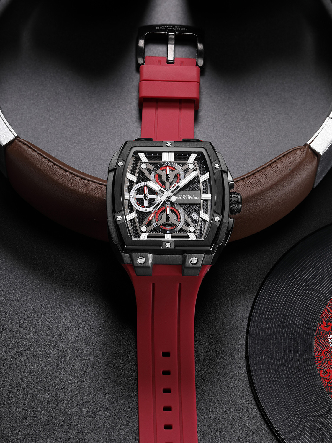 Image of French Connection FCM08R French Connection | Chronograph | Black Dial | Silicone Strap | FCM08R Analog Watch - For Men