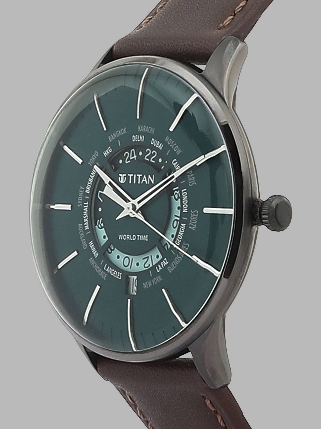 Titan World Time Green Dial Brown Leather Men's Watch - Image 5