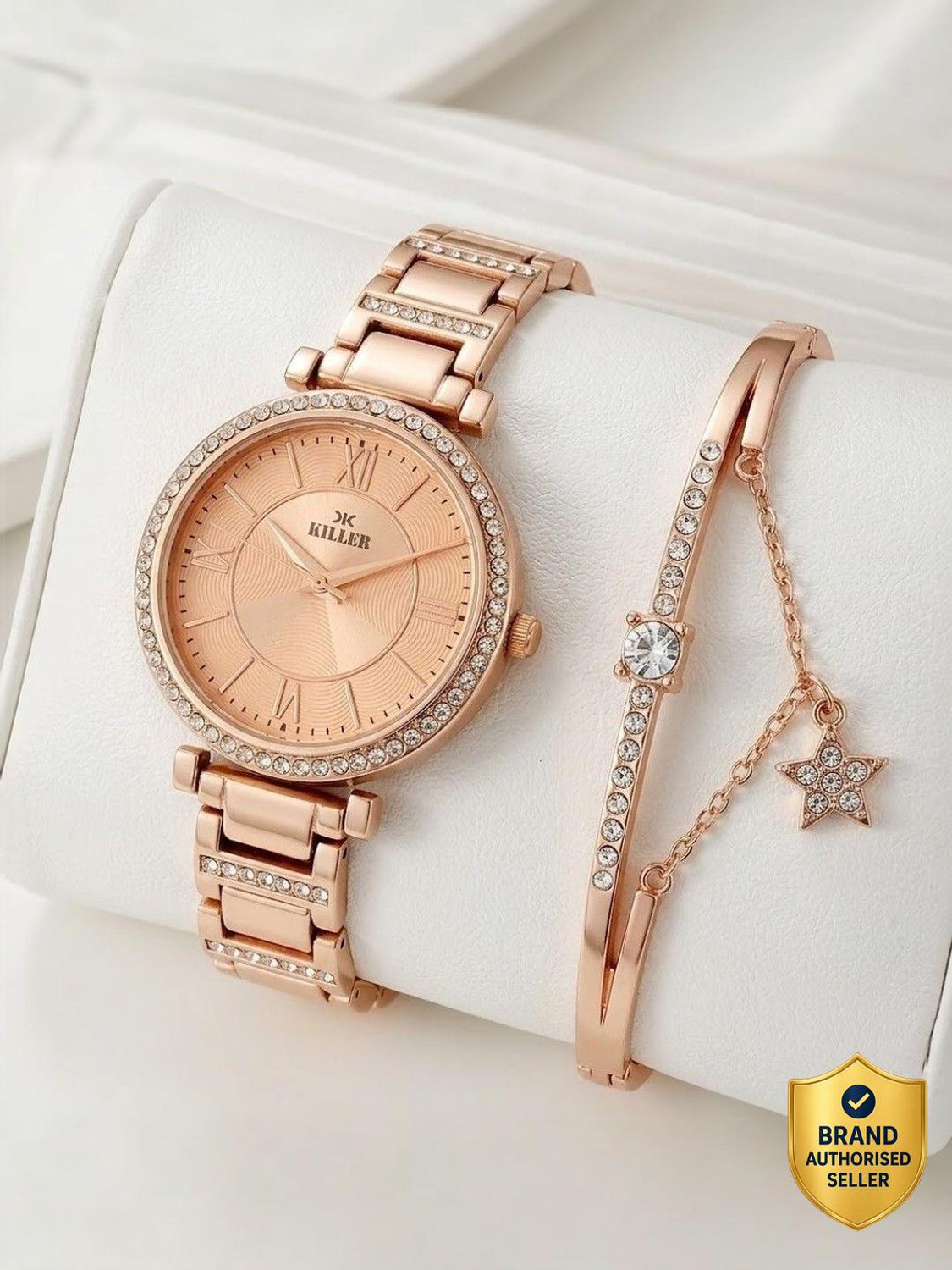 Image of KILLER Killer Rosegold Watch&Bracelet Combo Set KILLER Rose Gold-Toned Stone-Studded Analog Watch with Matching Star Charm Analog Watch - For Women