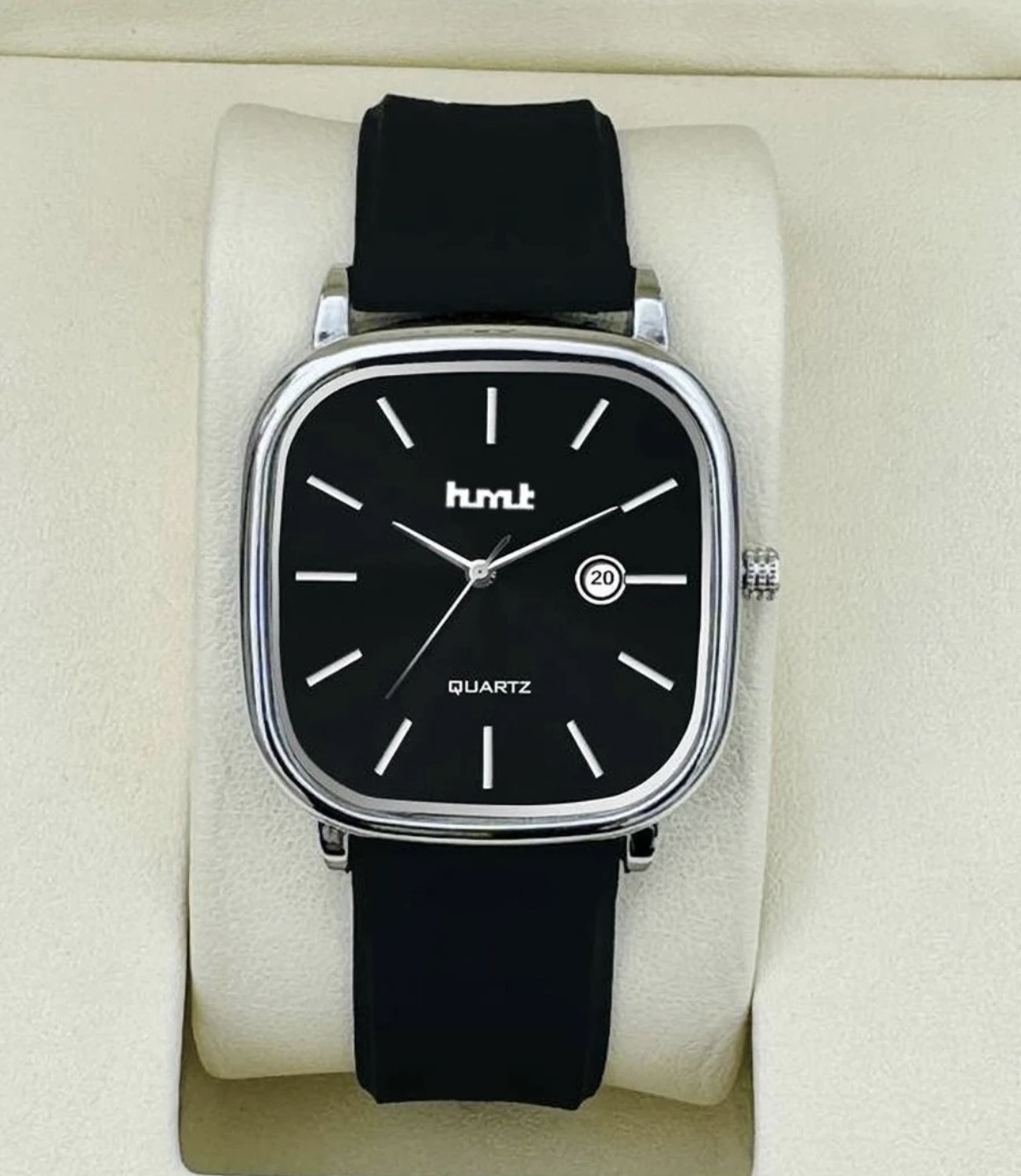Image of hmt QUARTZ Black Strap Dial Square Silicon Analog Watch - For Men & Women