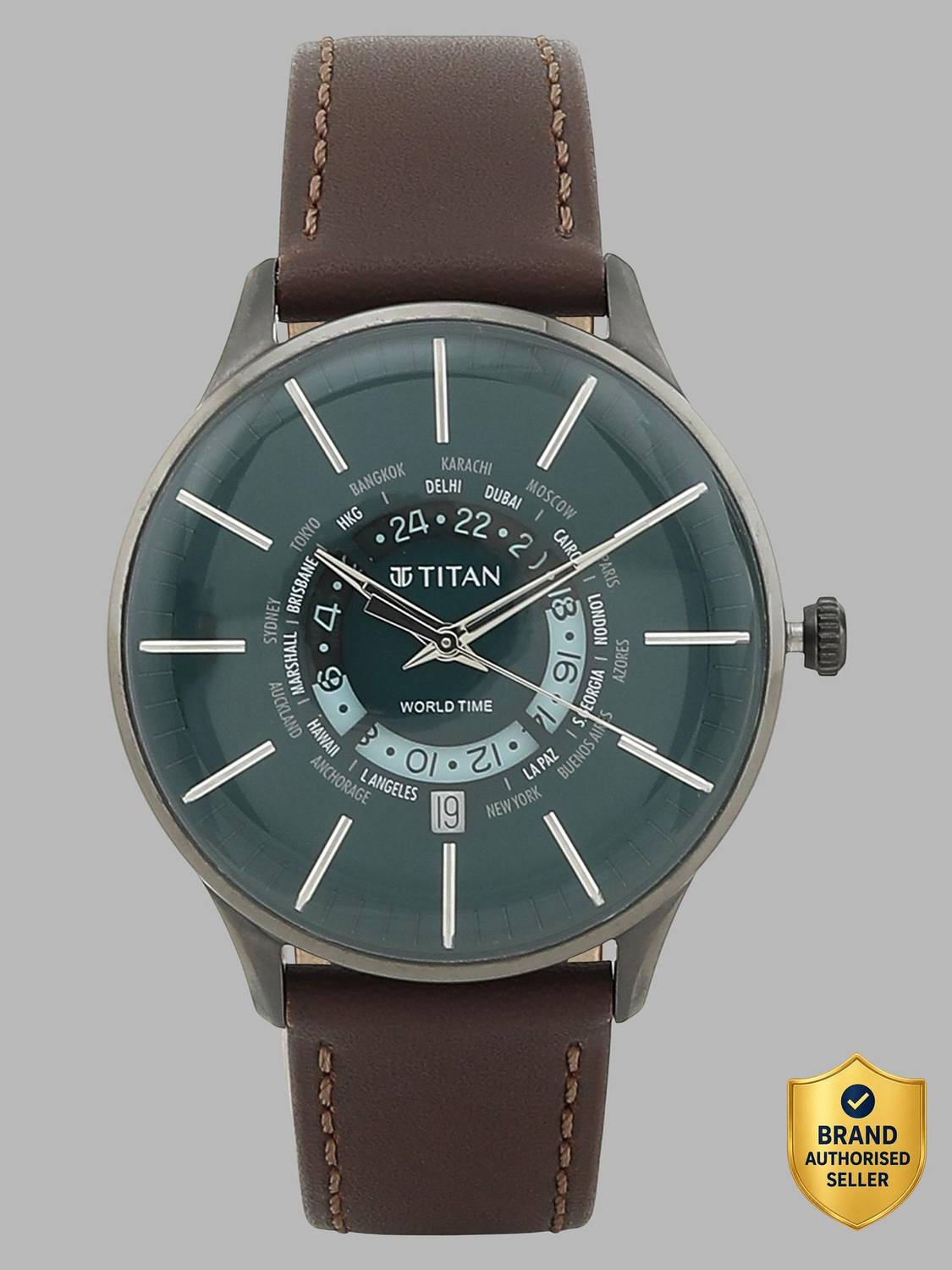 Titan World Time Green Dial Brown Leather Men's Watch
