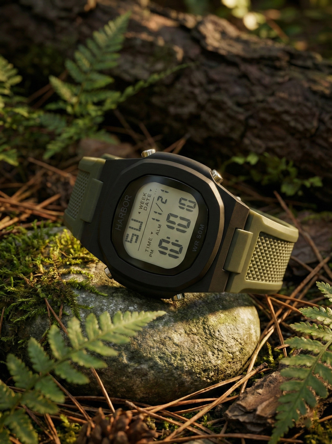 Image of Harbor 9147 Green sporty modern outdoor look with bold black case & green textured strap Watch Digital Watch - For Men